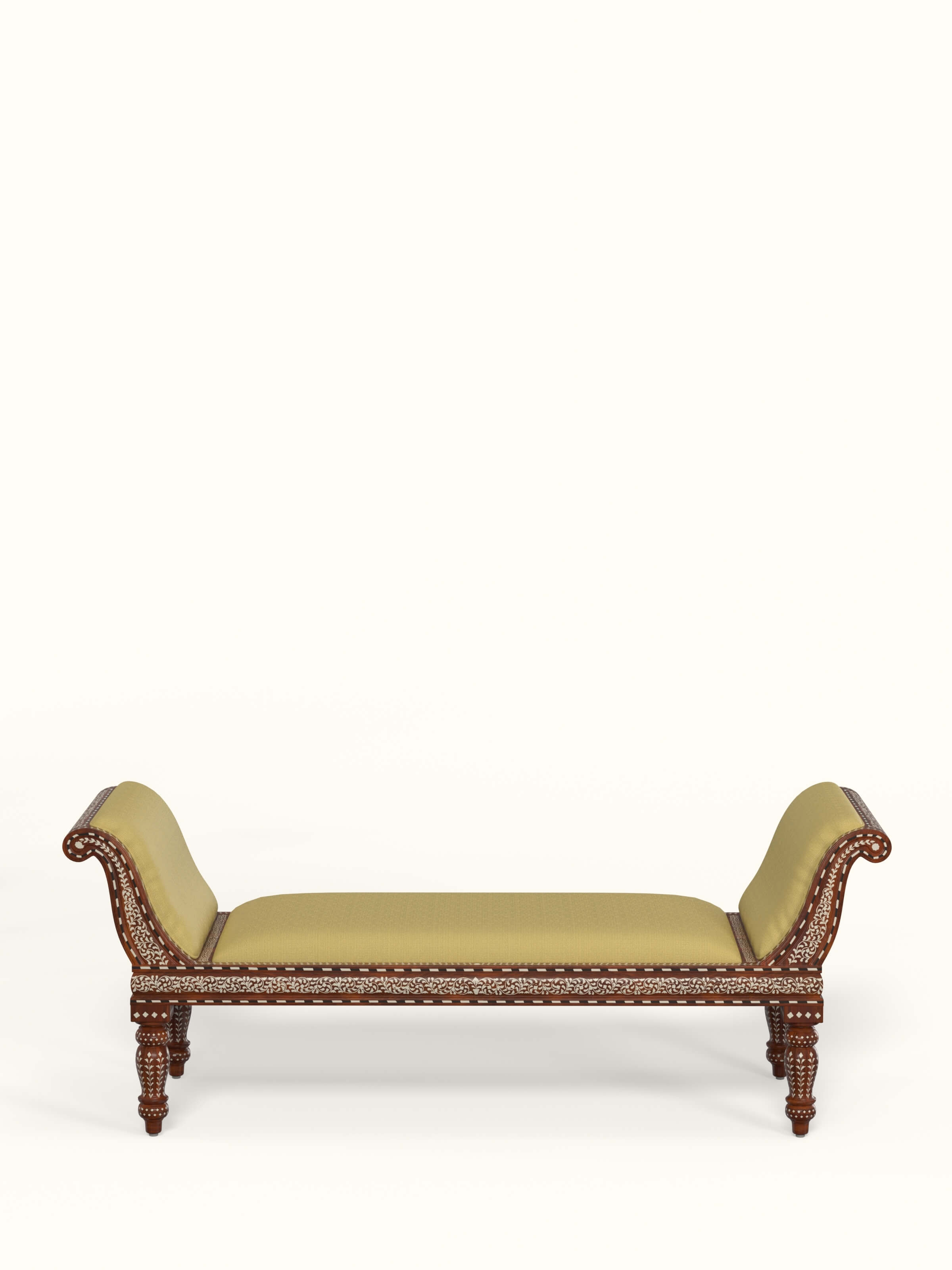 Front view of the green ribbed fabric upholstered Sheesham wood bench with bone inlay, highlighting its detailed craftsmanship.