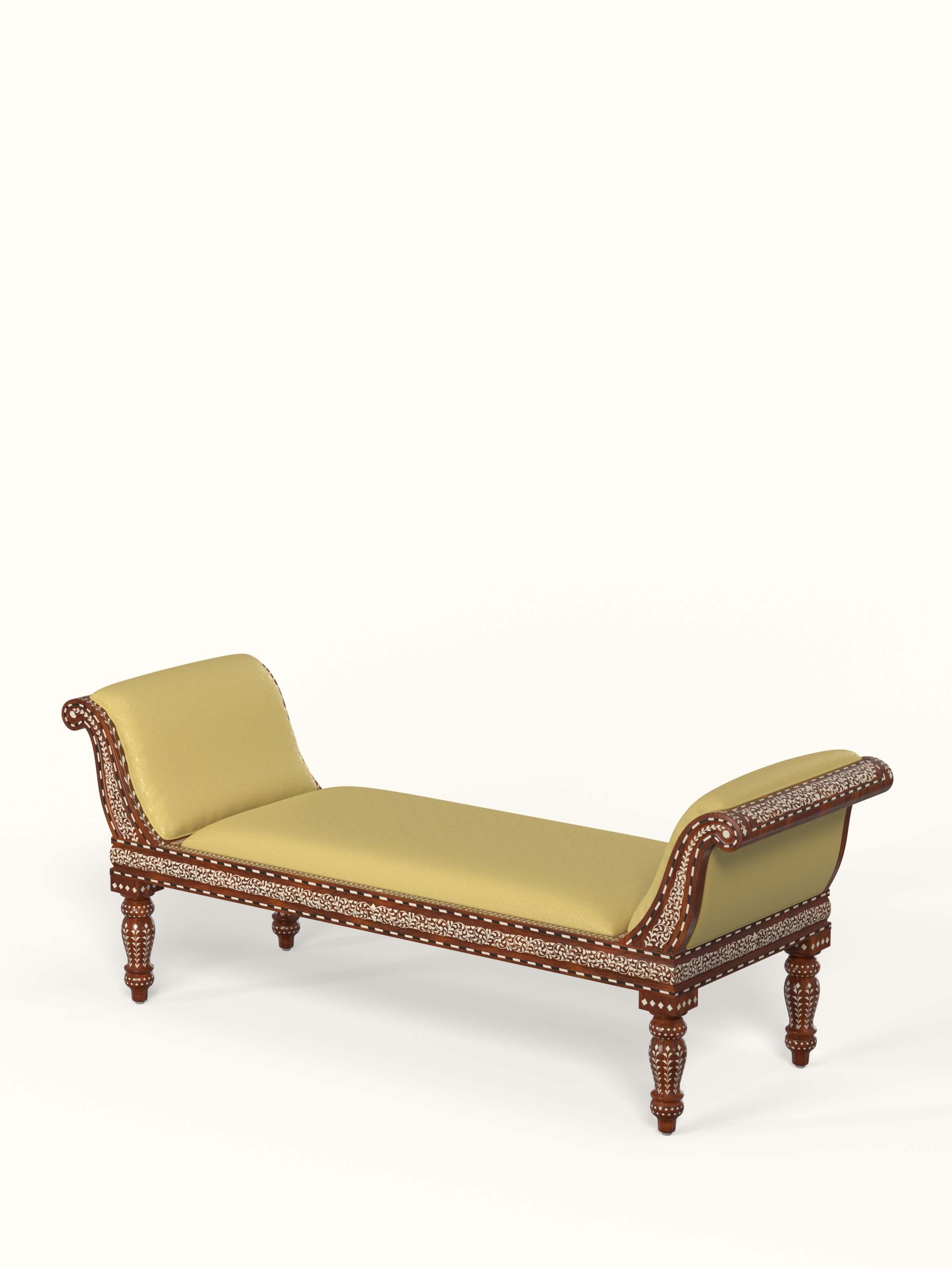 Side view of the green ribbed fabric Sheesham wood & bone inlaid bench, showing the elegant bone inlay design on the sides.