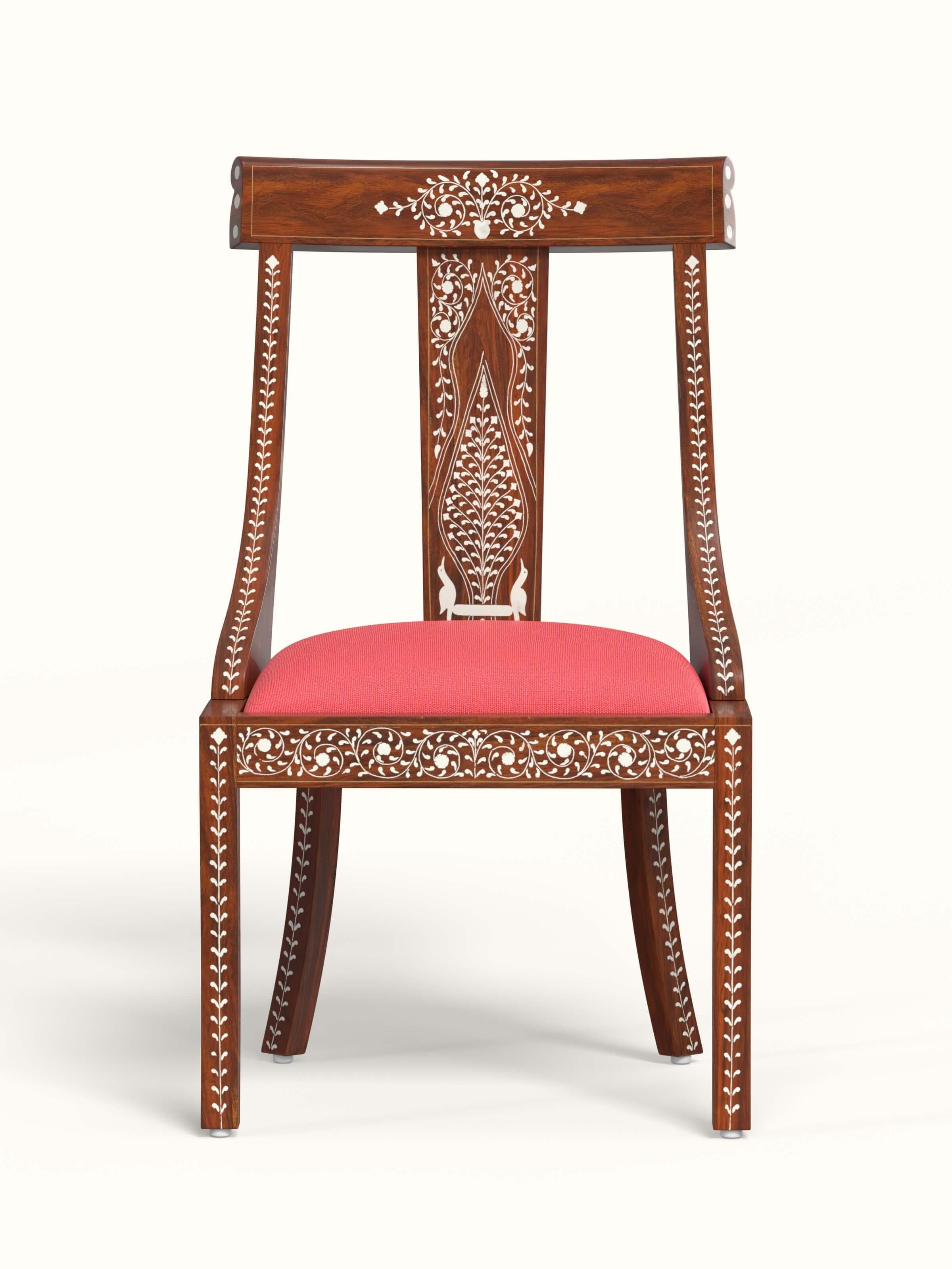 Front view of the red woven fabric sheesham wood bone inlay dining chair, showcasing intricate inlay work and elegant design