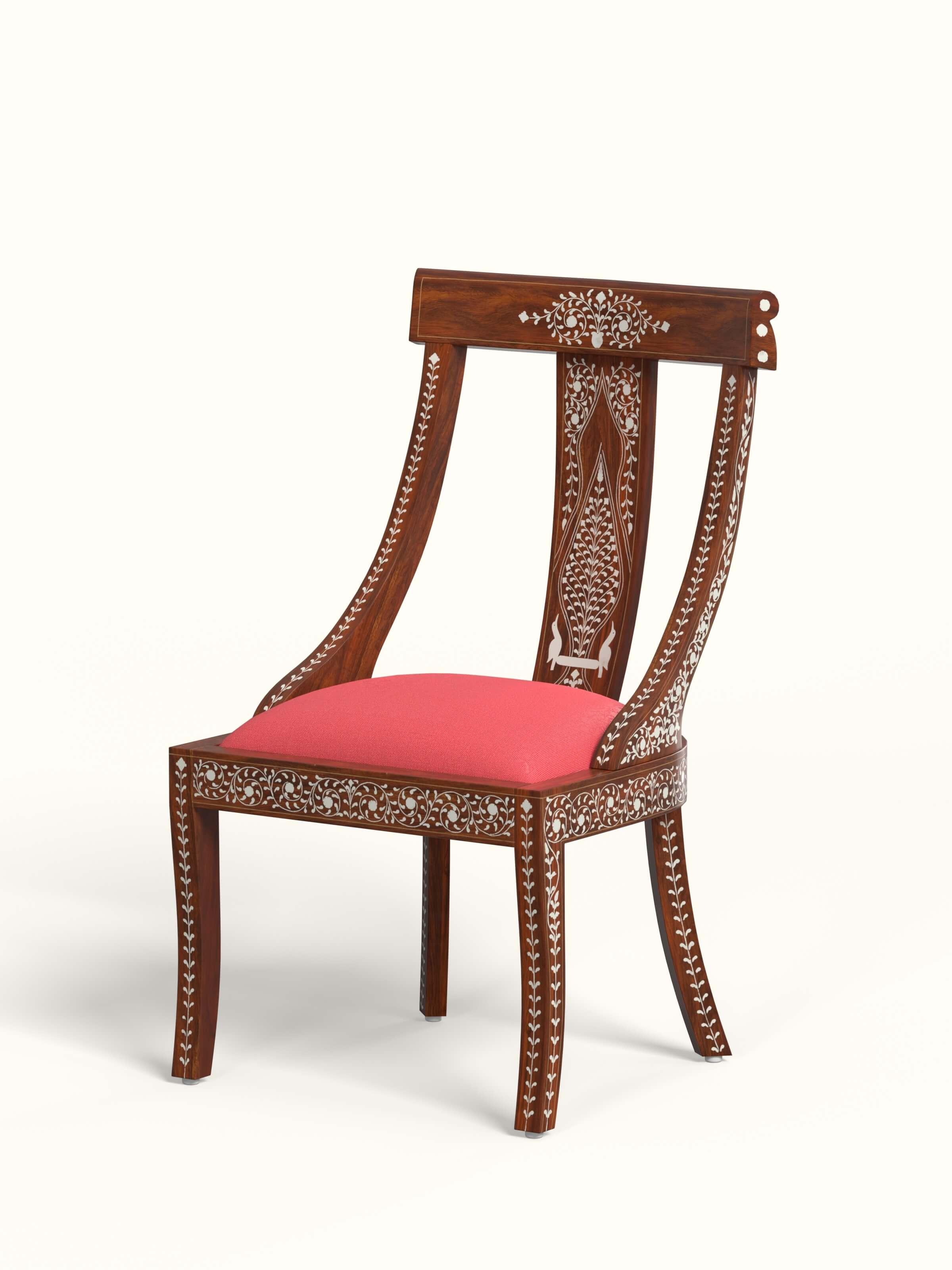 Side view of the red woven fabric sheesham wood bone inlay dining chair, highlighting the detailed craftsmanship and comfortable seat
