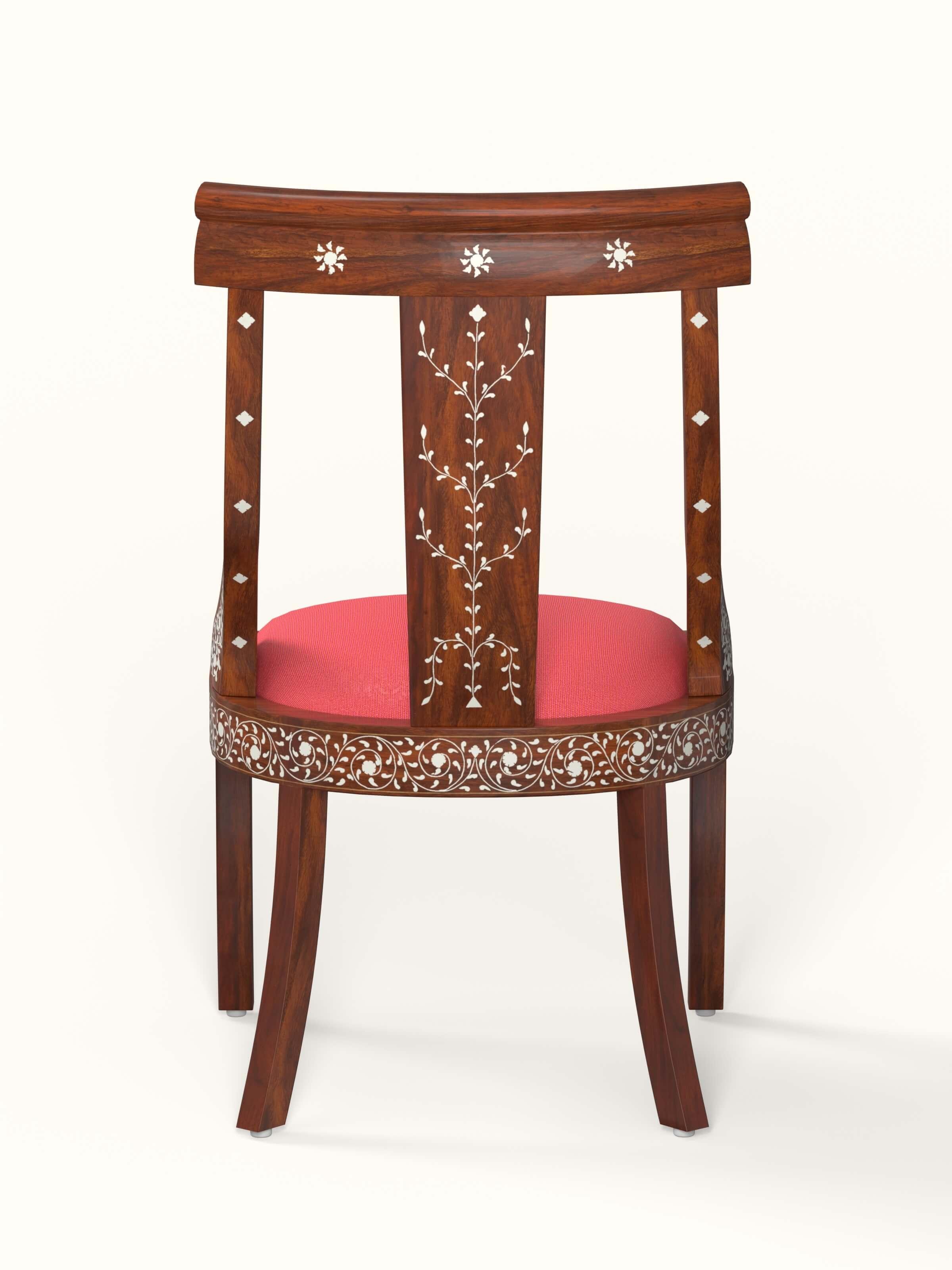 Pair of red woven fabric sheesham wood bone inlay dining chairs, highlighting the set and matching design elements