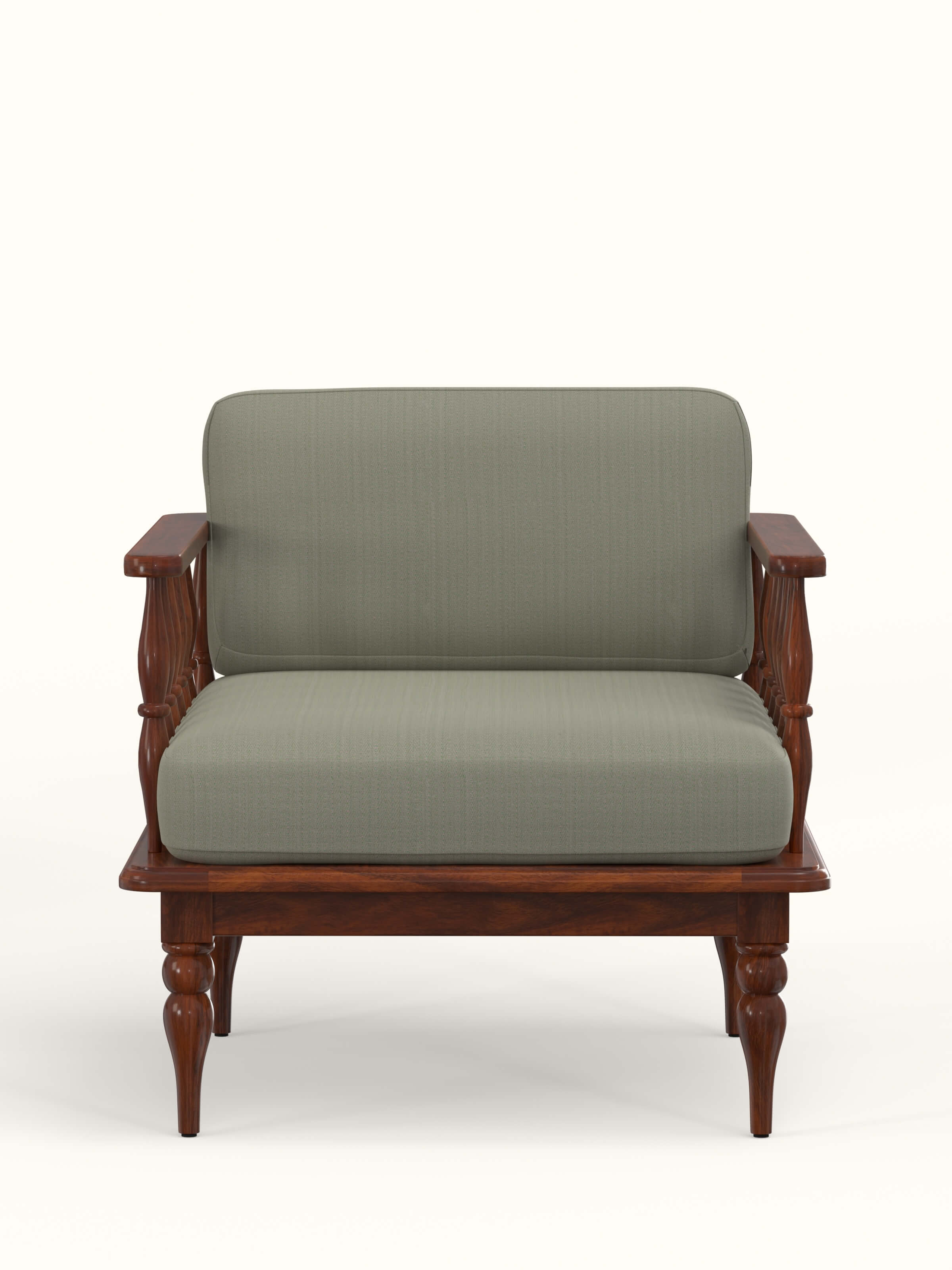 Front view of the green chevron fabric upholstered Sheesham wood 1-seater sofa, showcasing its stylish design and vibrant color