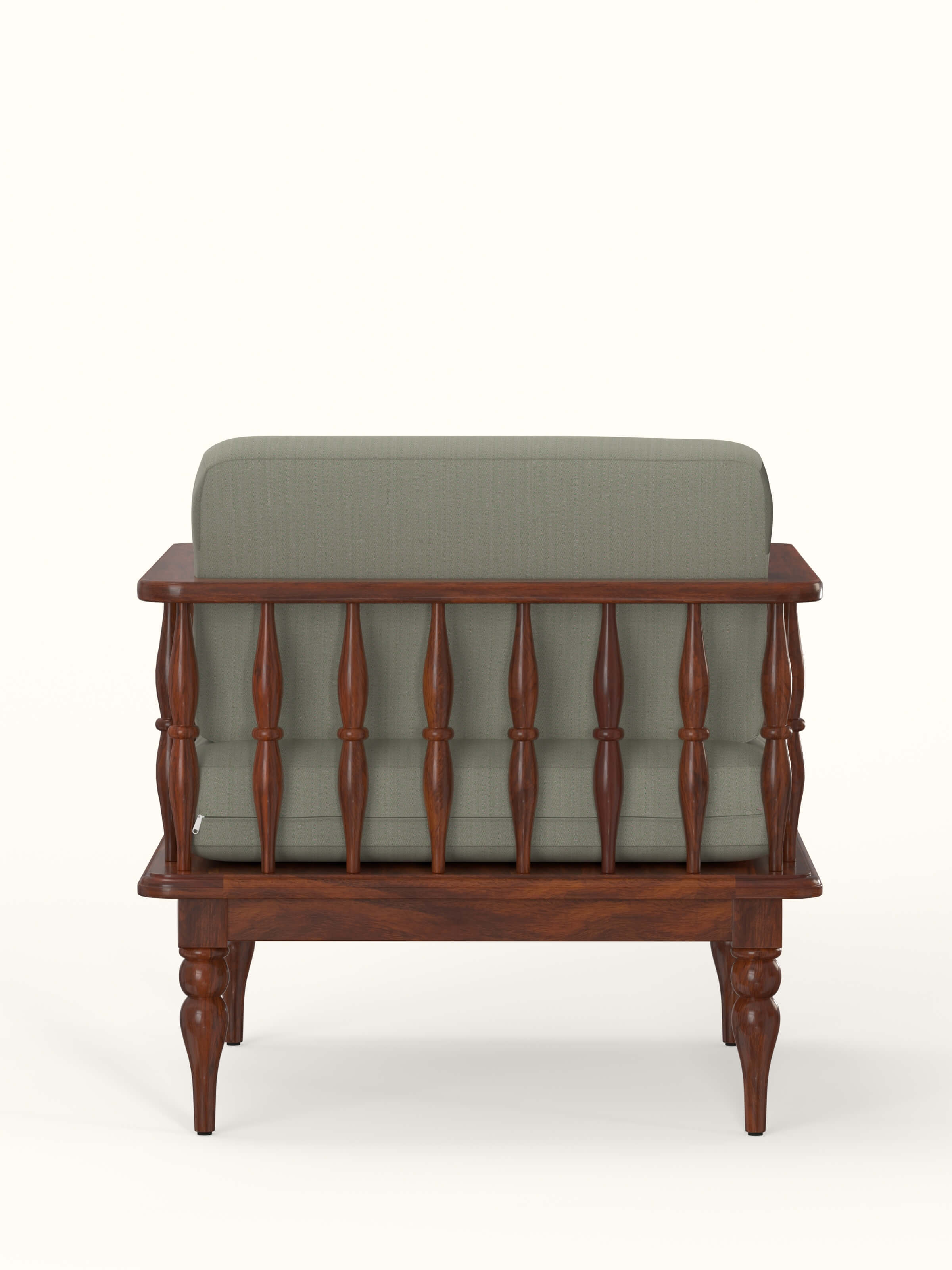 Rear view of the green chevron fabric upholstered Sheesham wood 1-seater sofa, showcasing the back design and clean lines