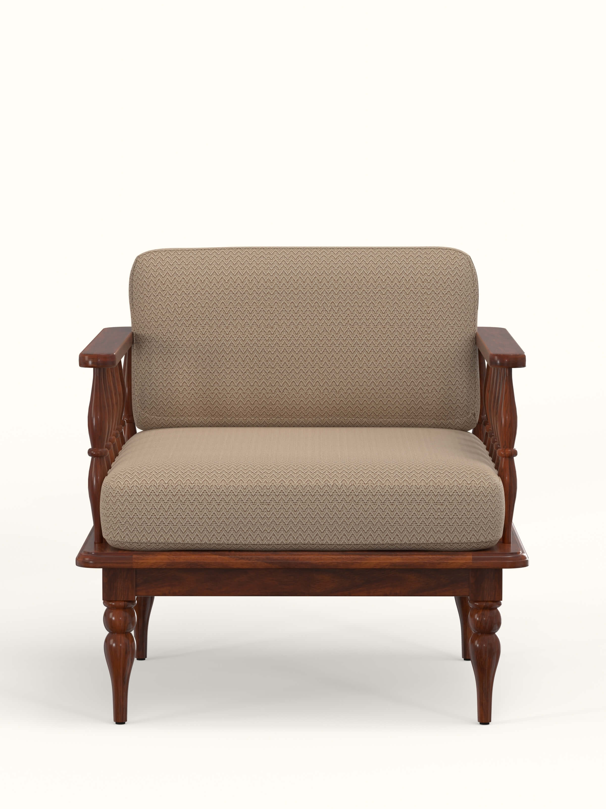 Front view of the beige and brown chevron fabric upholstered Sheesham wood 1-seater sofa, highlighting its stylish pattern and wooden frame.