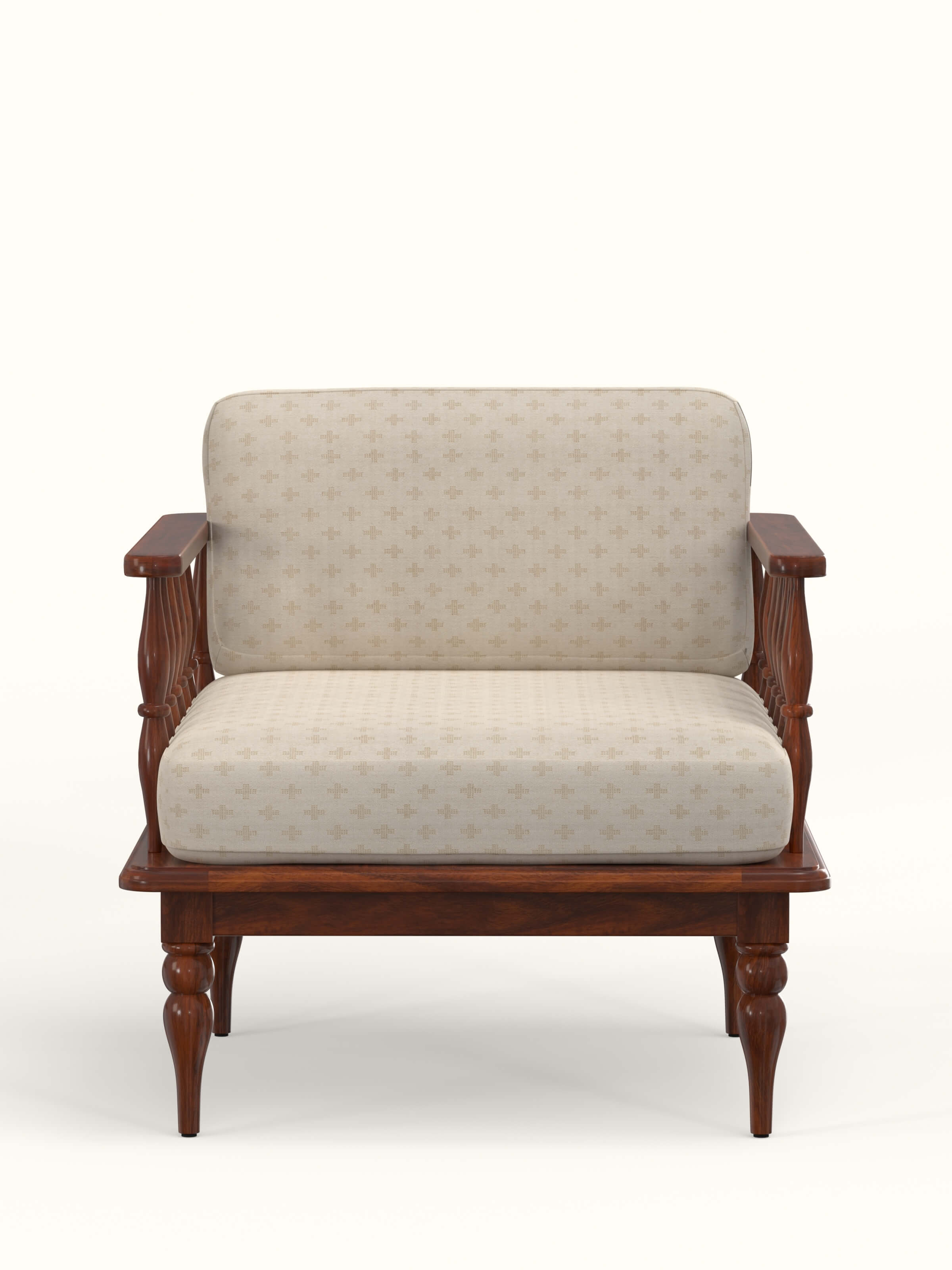 Front view of Beige Jacquard Fabric Upholstered Sheesham Wood 1-Seater Sofa, showcasing the neutral beige color and jacquard fabric