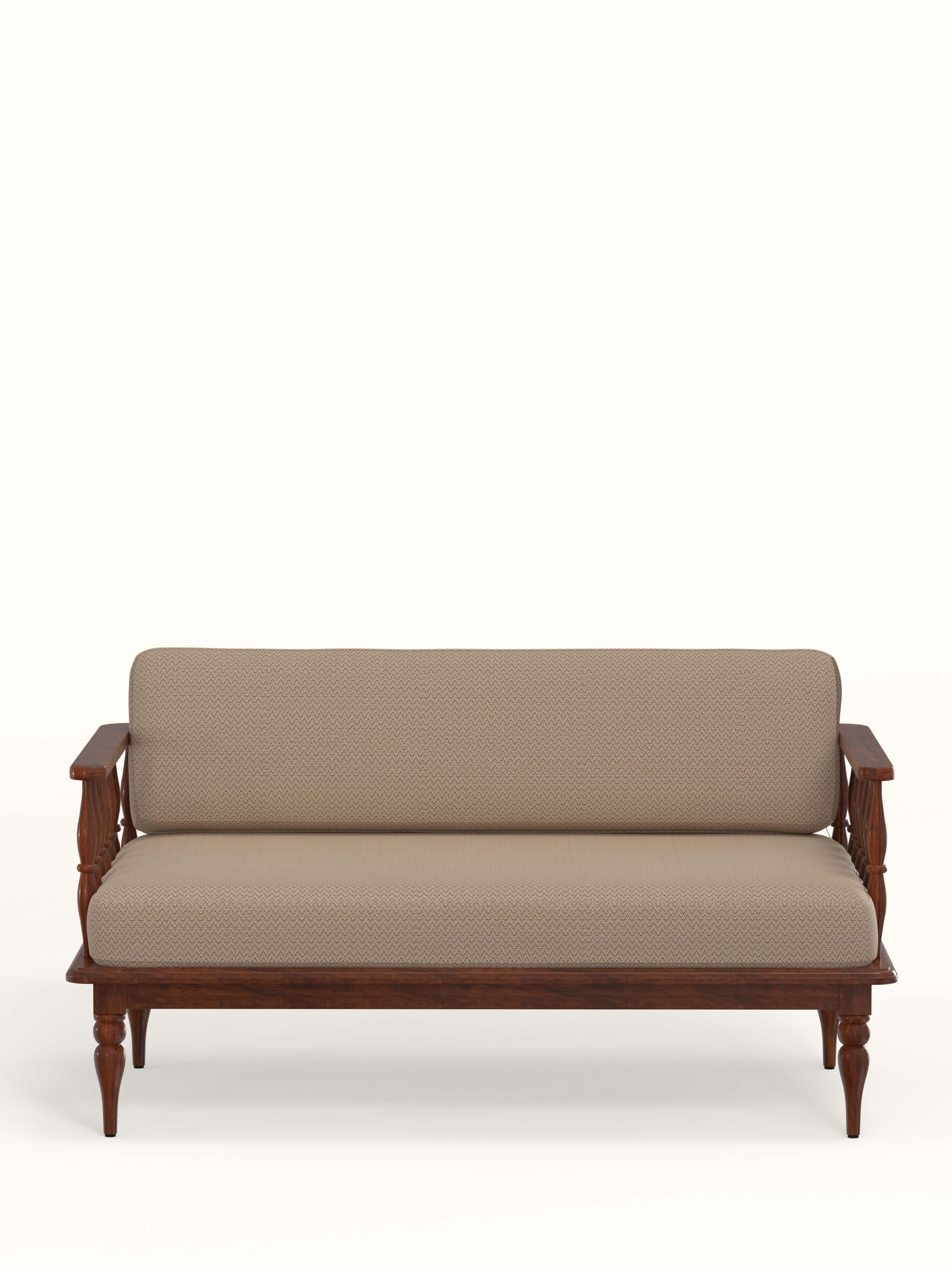 Beige & Brown Chevron Fabric Upholstered Sheesham Wood 2-seater Sofa