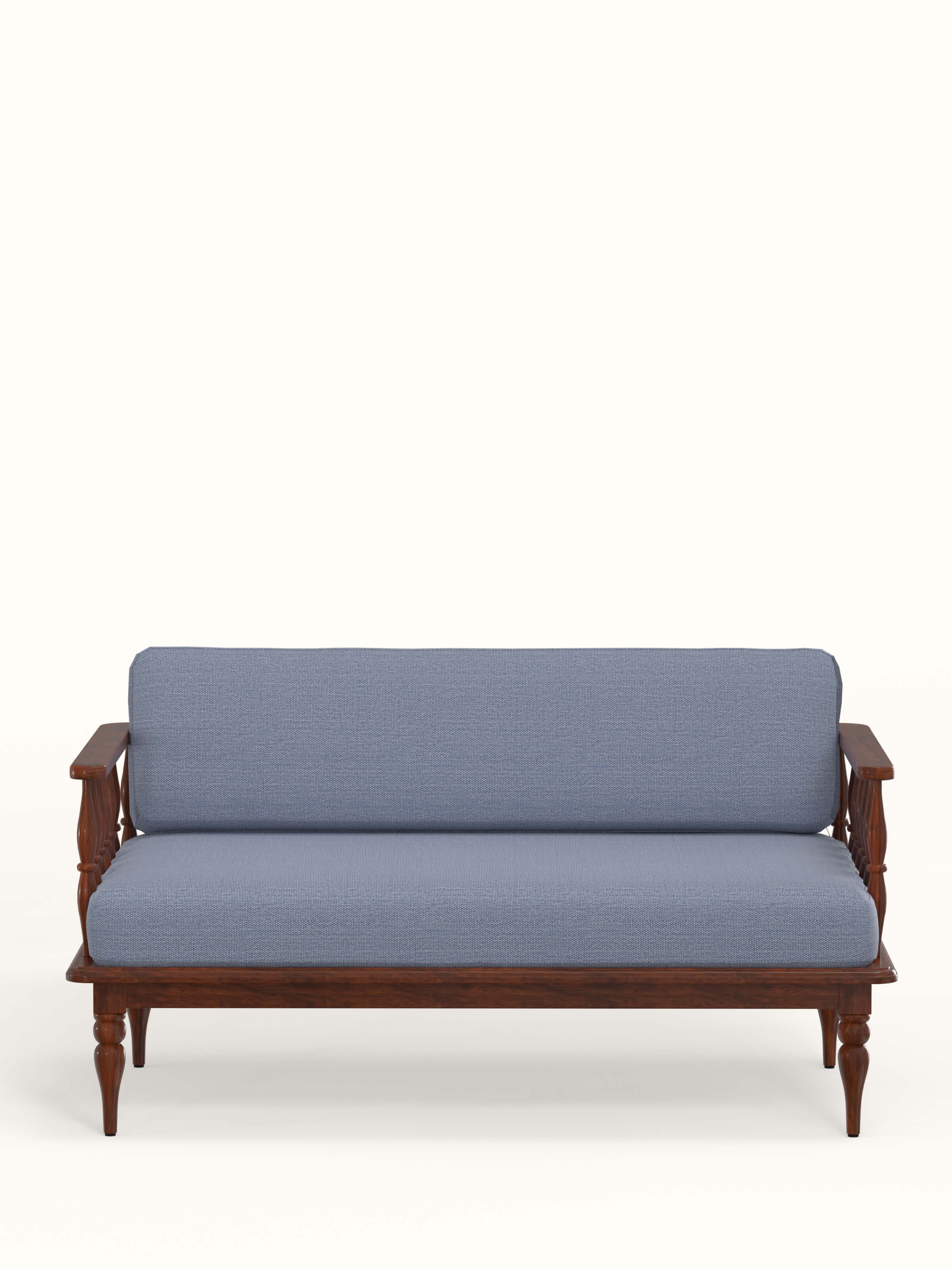 Front view of the white dobby fabric upholstered Sheesham wood 2-seater sofa, showcasing its clean lines and elegant design