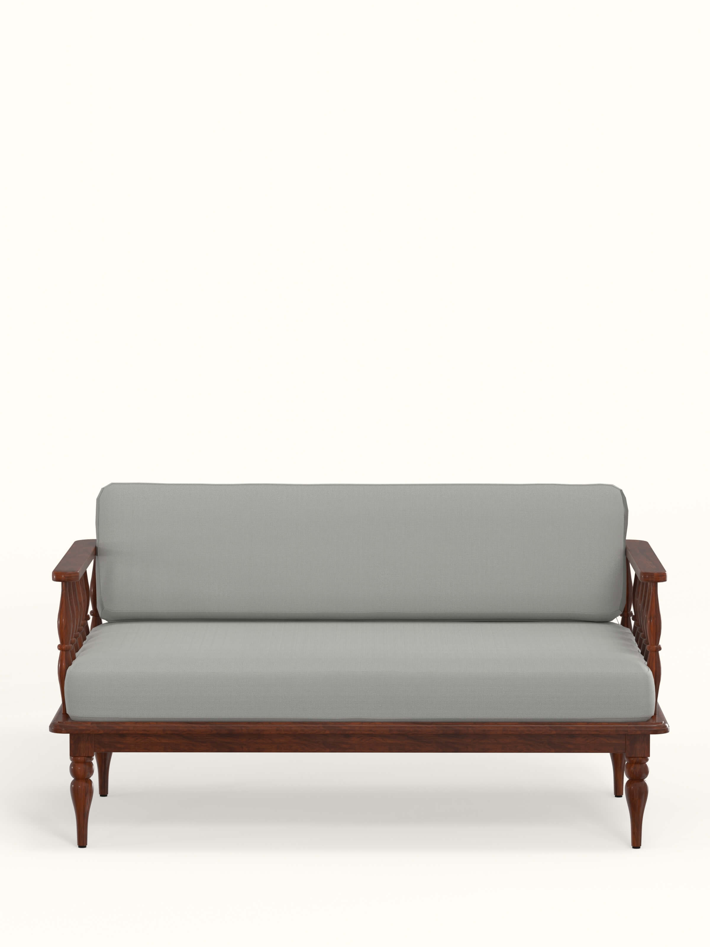 Blue plain fabric upholstered 2-seater sofa with a sheesham wood frame, showcasing a clean and modern design.