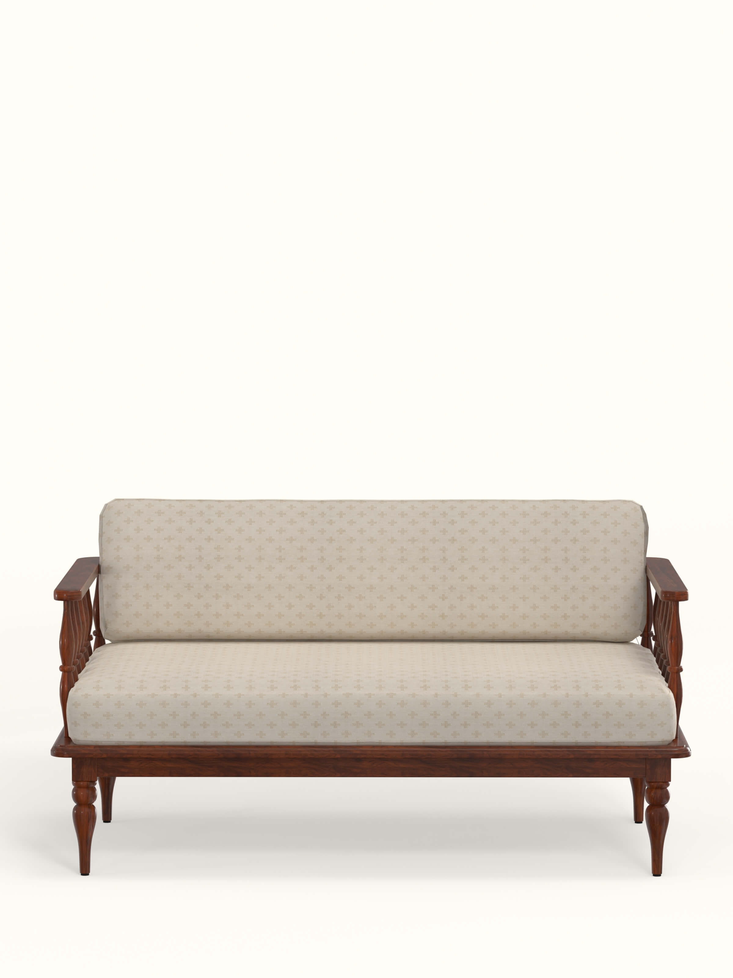 Front view of beige jacquard fabric upholstered sheesham wood 2-seater sofa showcasing elegant design