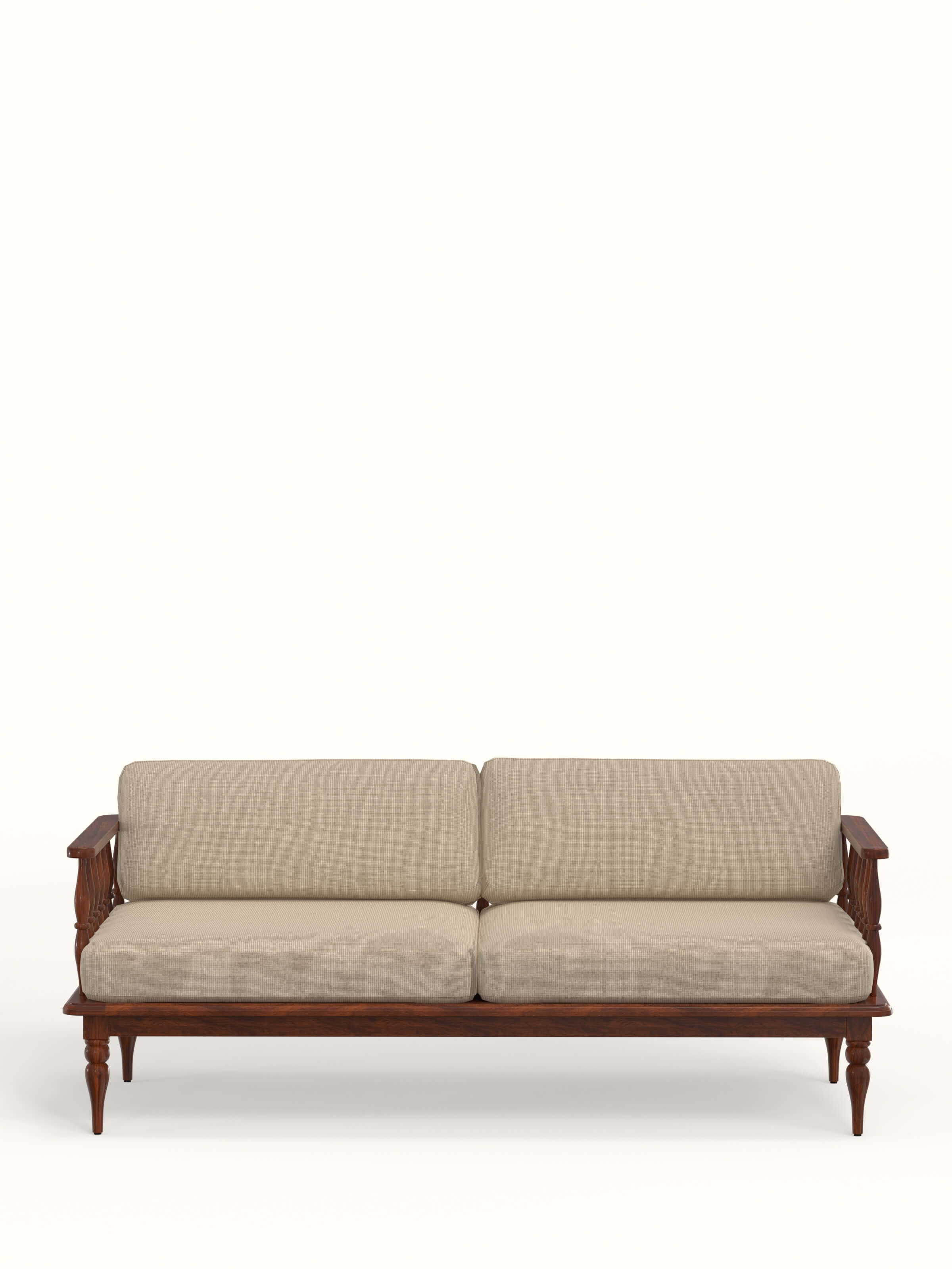 Front view of Beige Woven Fabric Upholstered Sheesham Wood 3-Seater Sofa, showcasing its spacious seating and elegant design