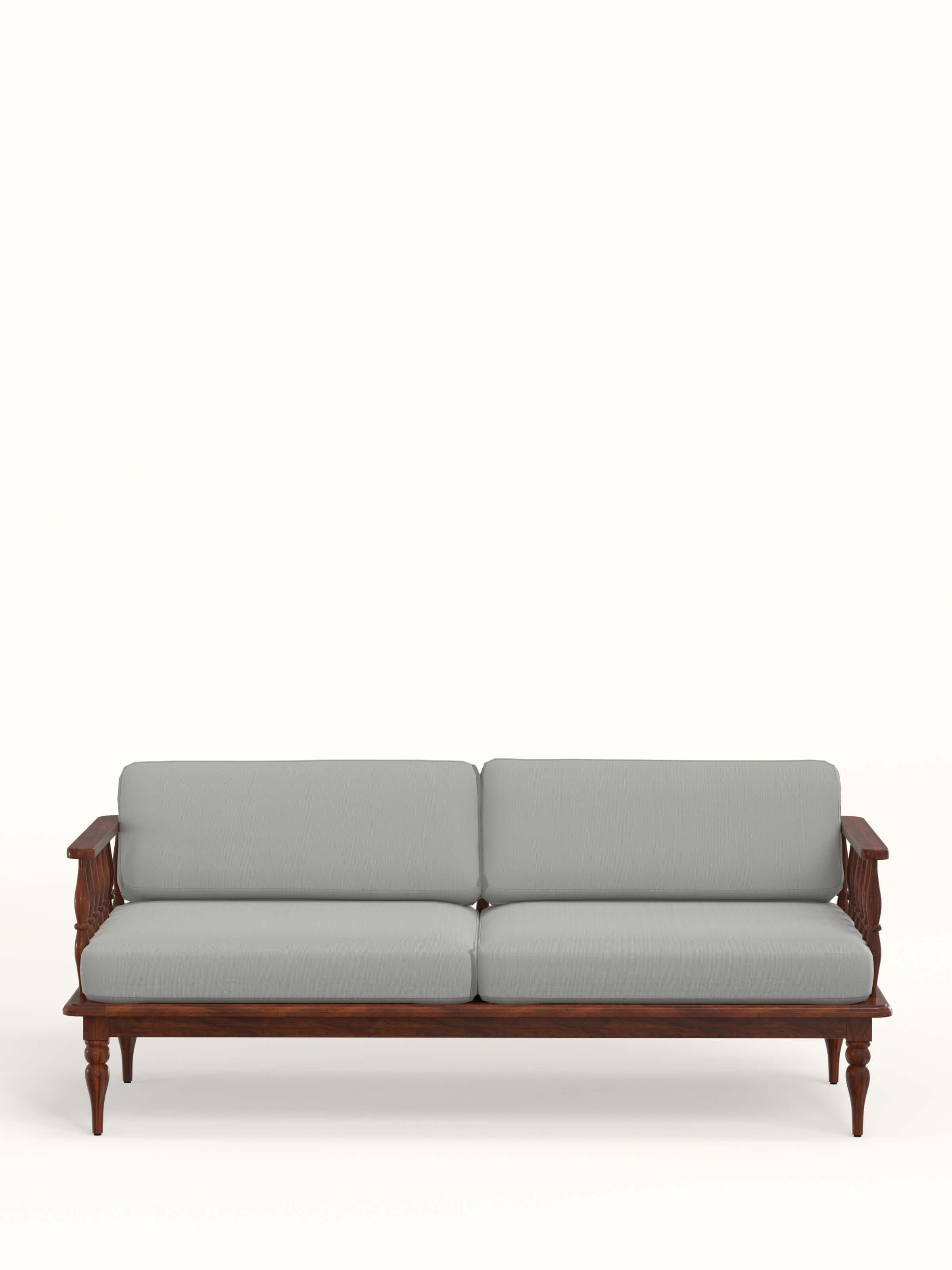 Front view of the blue plain fabric upholstered Sheesham wood 3-seater sofa, showcasing its elegant and modern design
