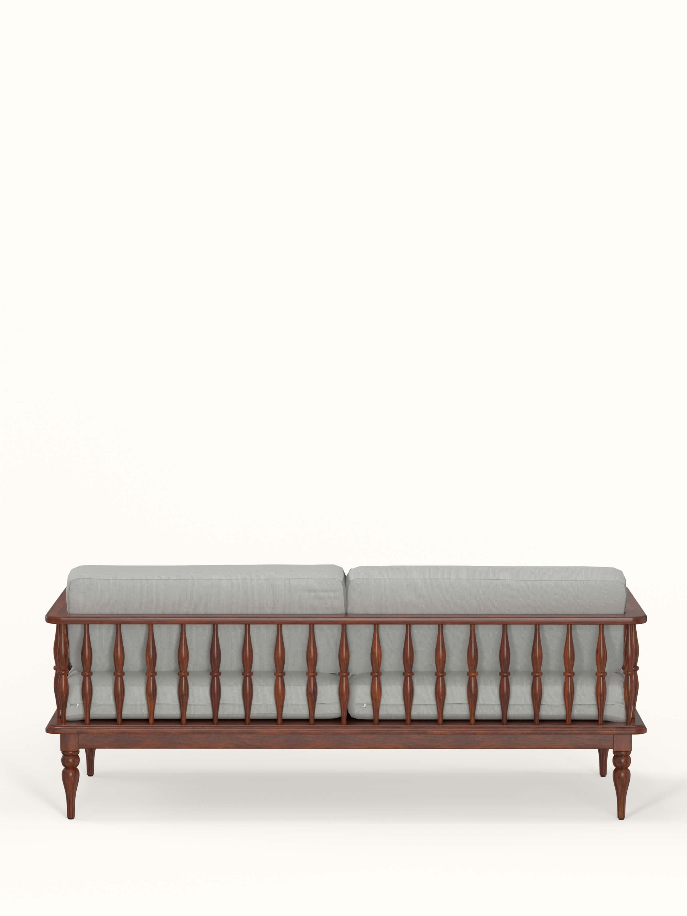 Angle view of the blue plain fabric Sheesham wood 3-seater sofa, highlighting the overall style and fabric texture