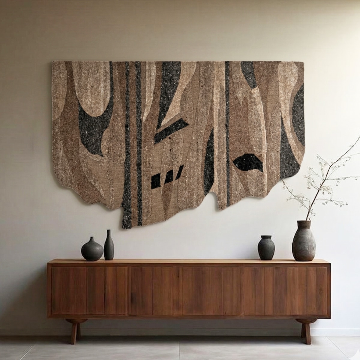 Abstract Organic Handmade Natural Wool Wall Art Brown Taupe 7 x 5 Feet - NEU LOOMS