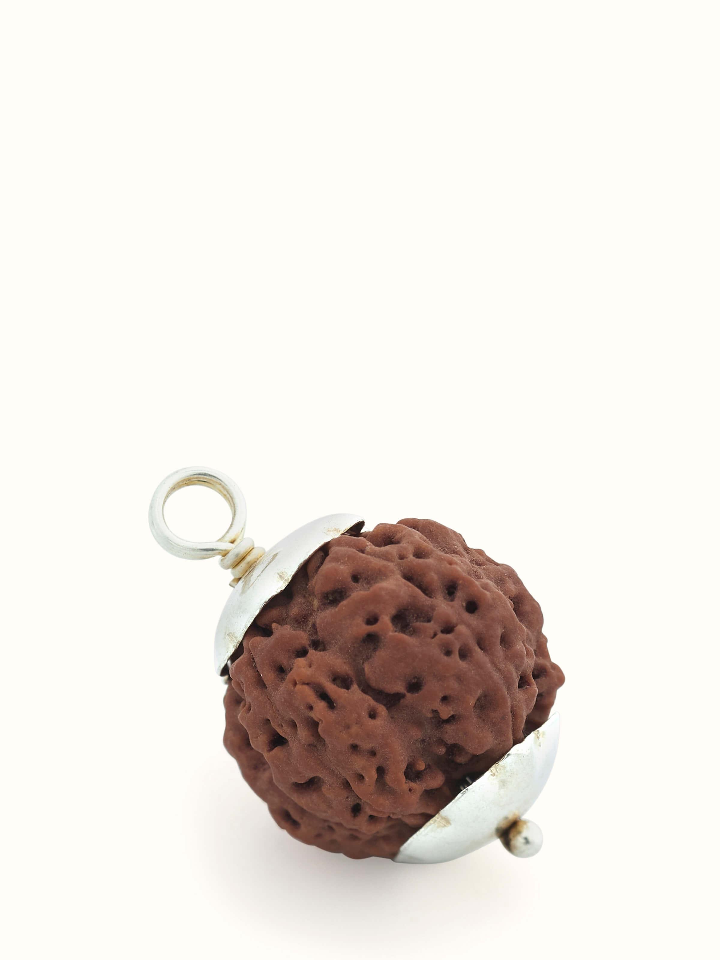 Front view of Swadesh Panchamukhi Rudraksha Sterling Silver Pendant, highlighting its intricate design and spiritual significance.