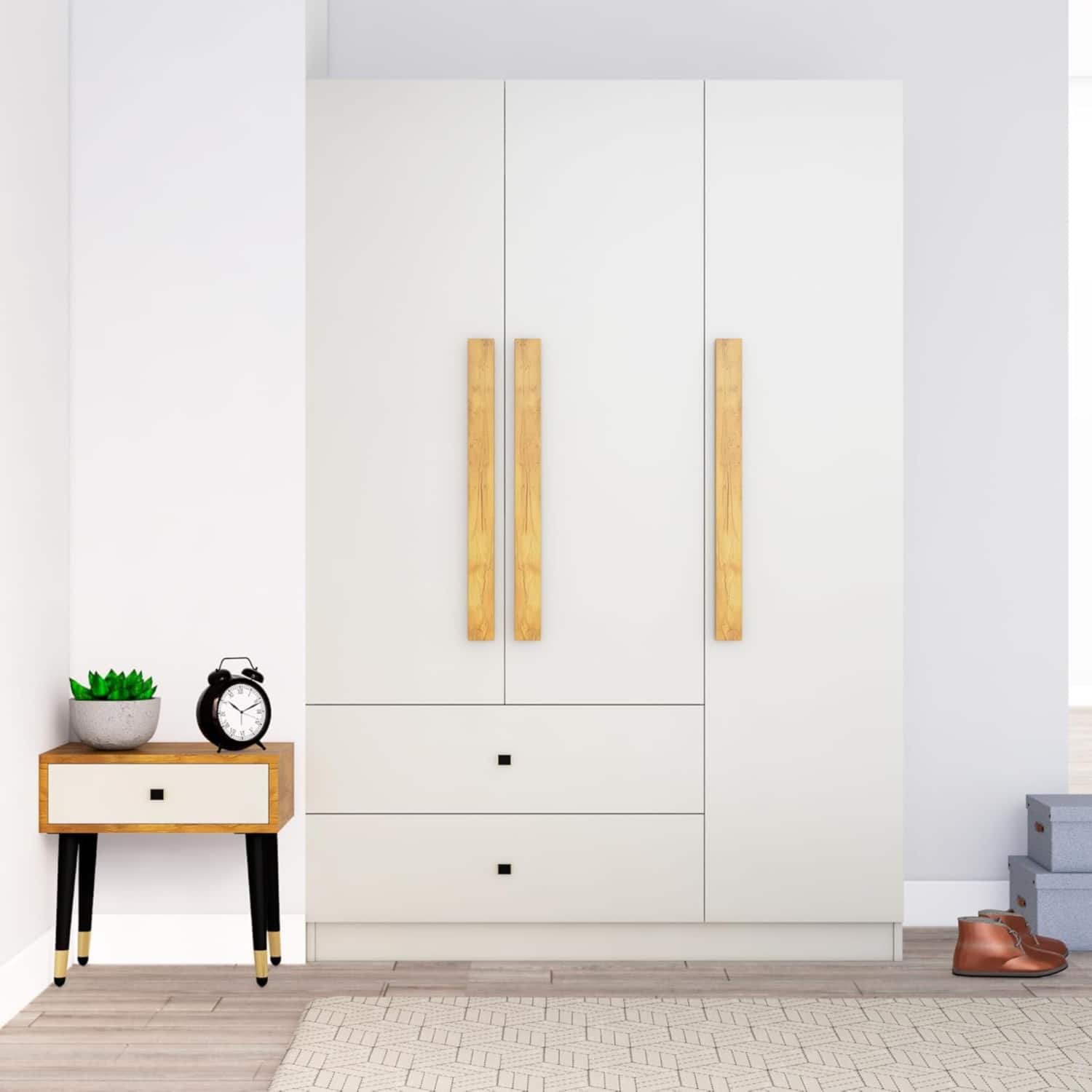 Hexa Red Wooden 3 Door Wardrobe with 2 Drawers and Hanging Space in Frosty White Colour - HexaRed