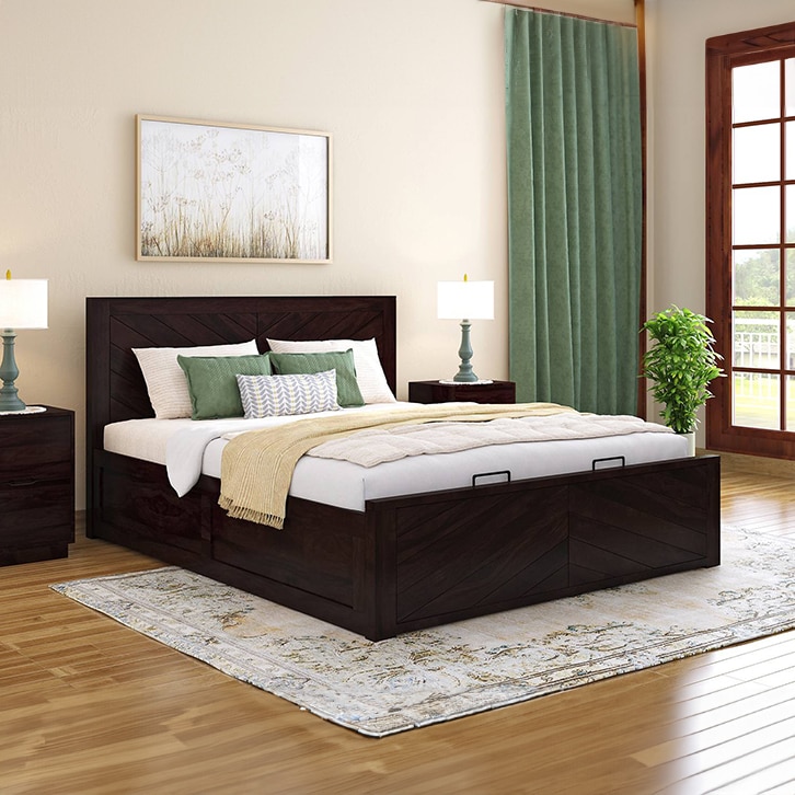 Almaya Solid Wood Queen Size Hydraulic Storage Bed In Mahogany Finish