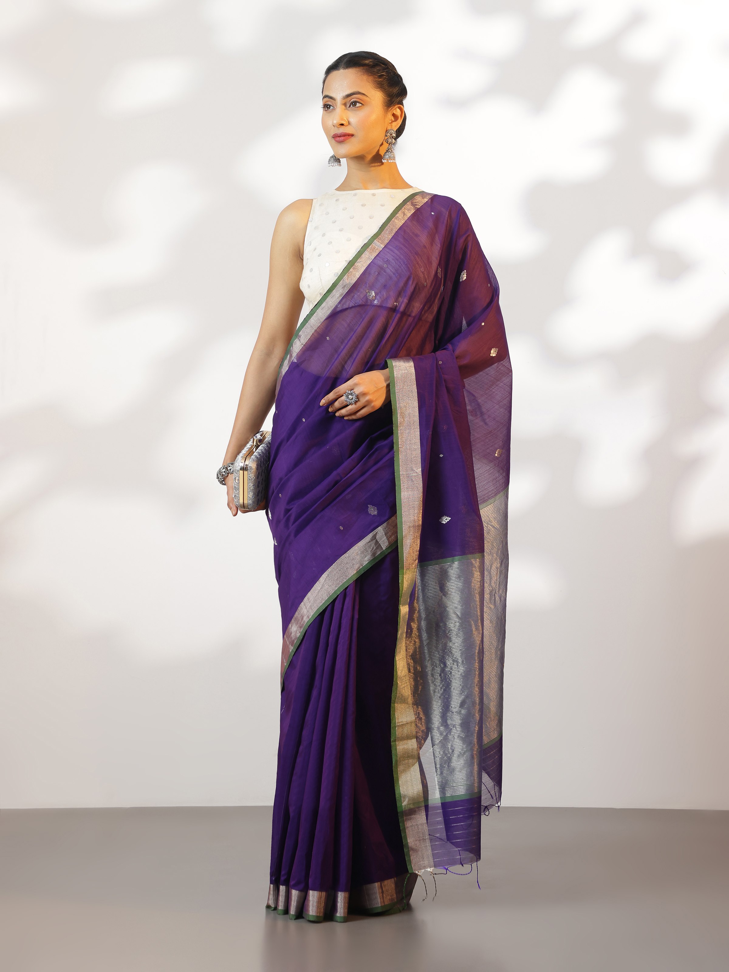 Side view of Anika cotton silk Chanderi saree highlighting lightweight drape