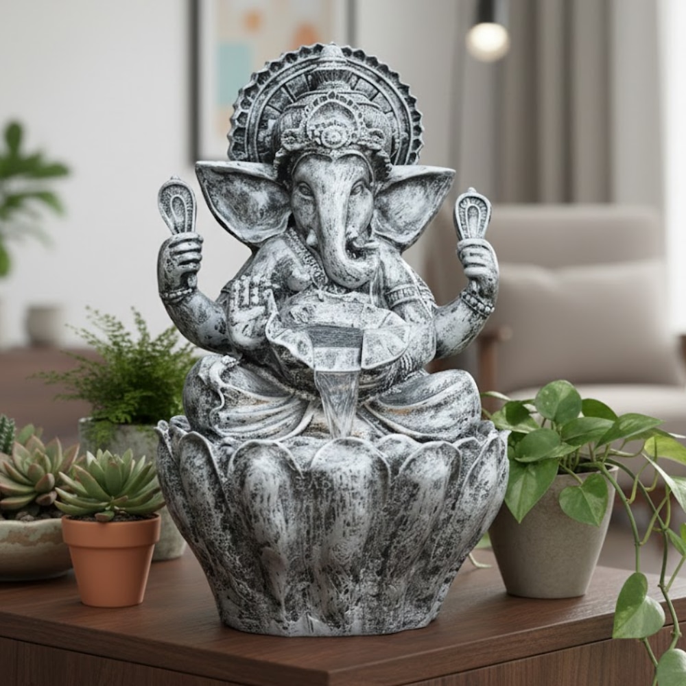 Silver 2Ft Lotus Ganesha Water Fountain