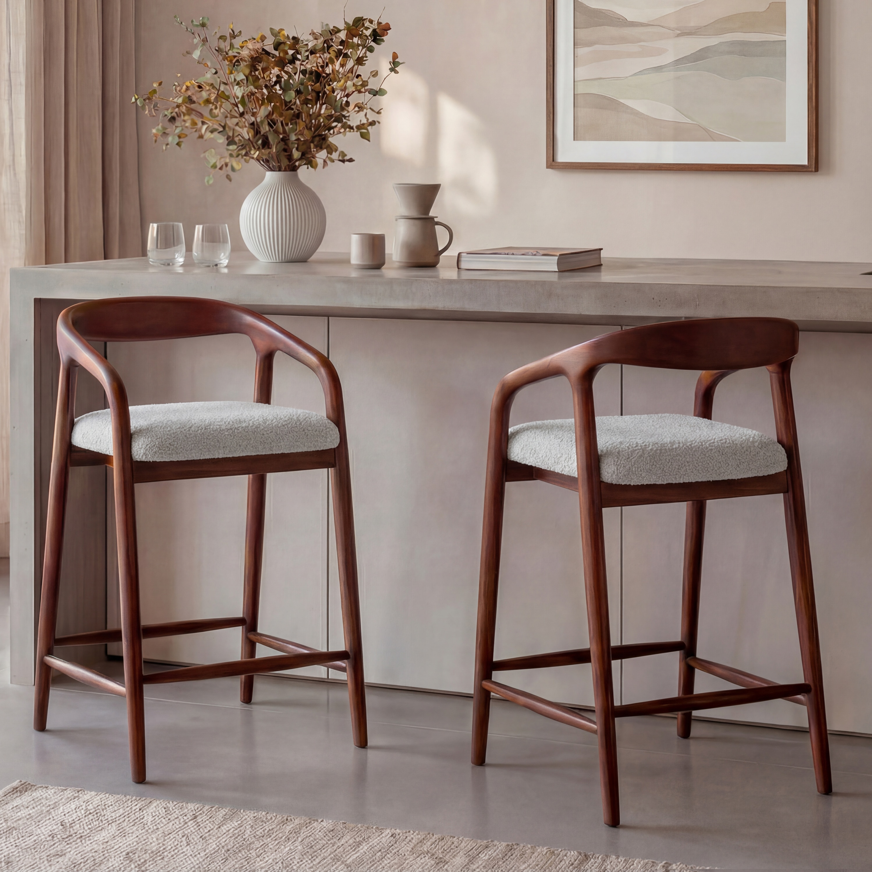 Zen Solid Wood Bar Stool (Honey Finish, White Boucle Colour)