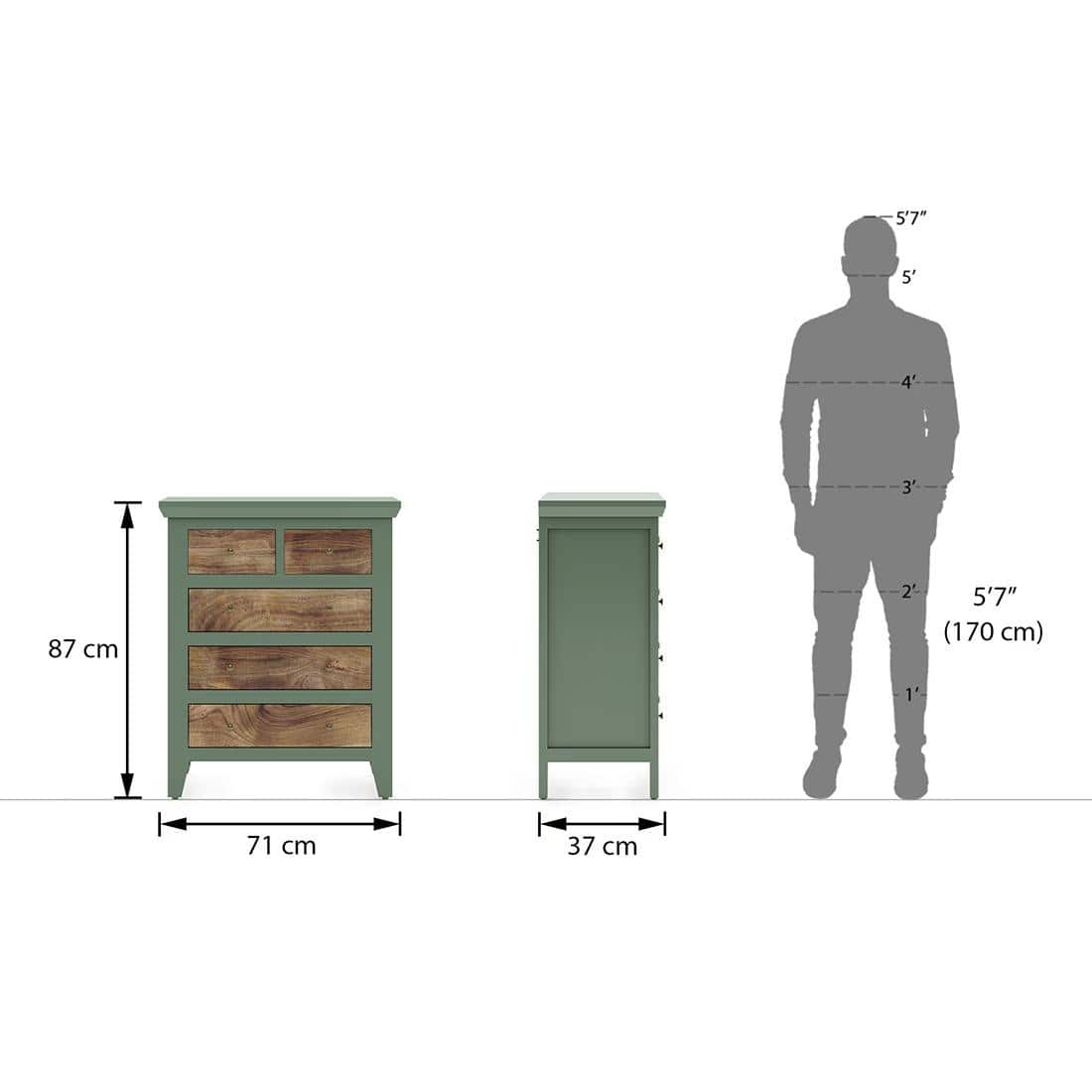 Avelin Chest of Drawer-Finish- Sage green with Burnt mango - Metal Channel