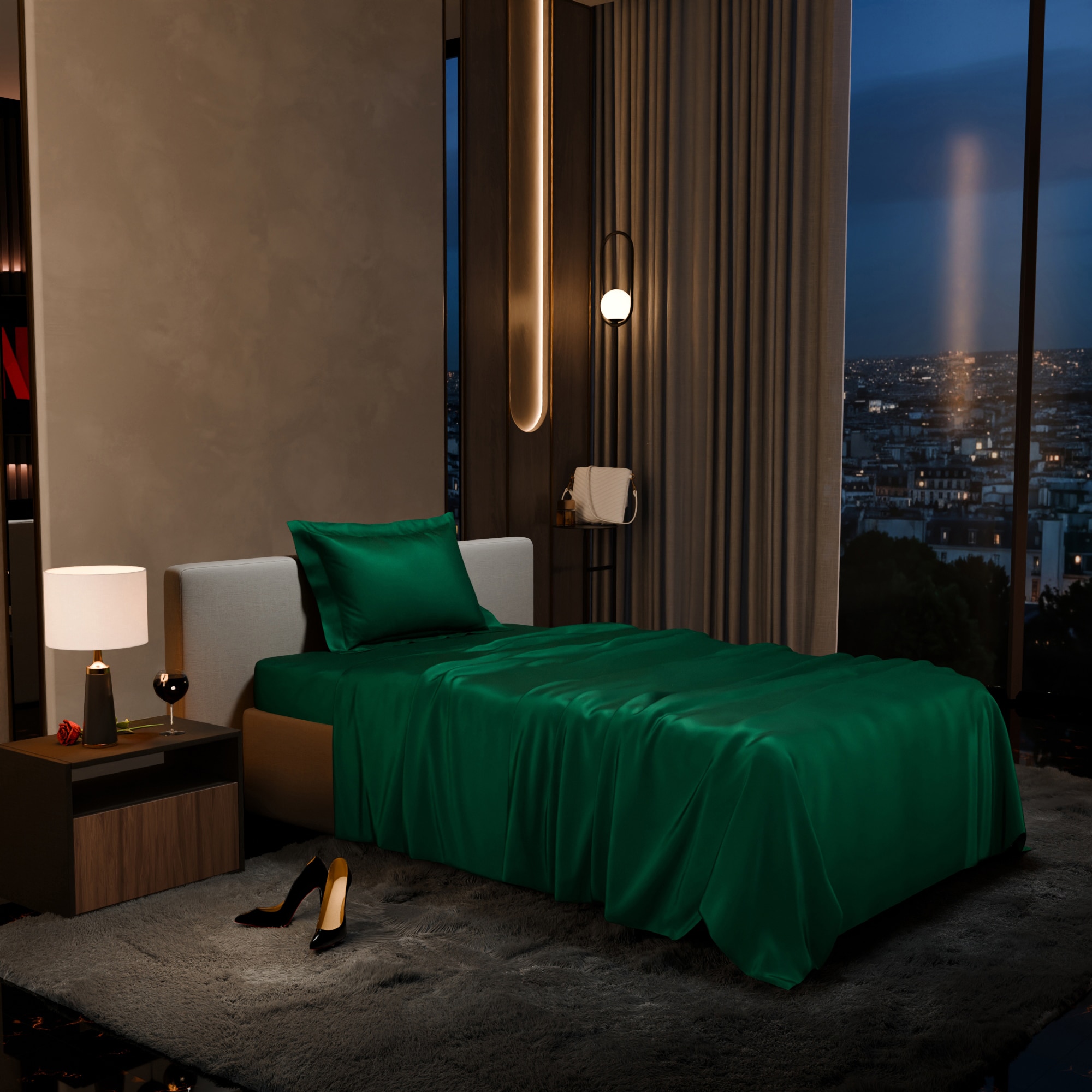 Stoa Paris Single Bedsheet with 1 Pillow Cover sheet with Emerald Green - Stoa Paris