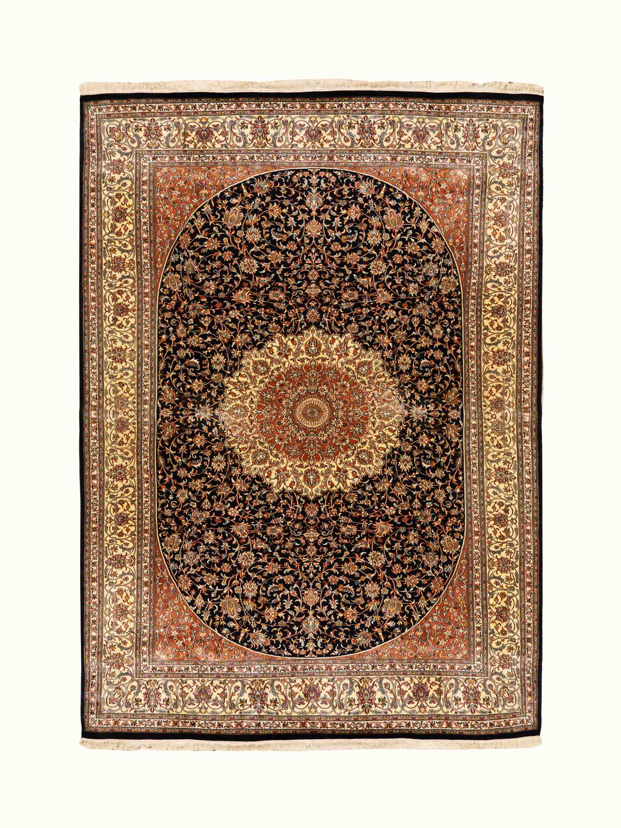 Traditional Persian Navy Blush Kashan Kashmir Silk Hand-Knotted Carpet