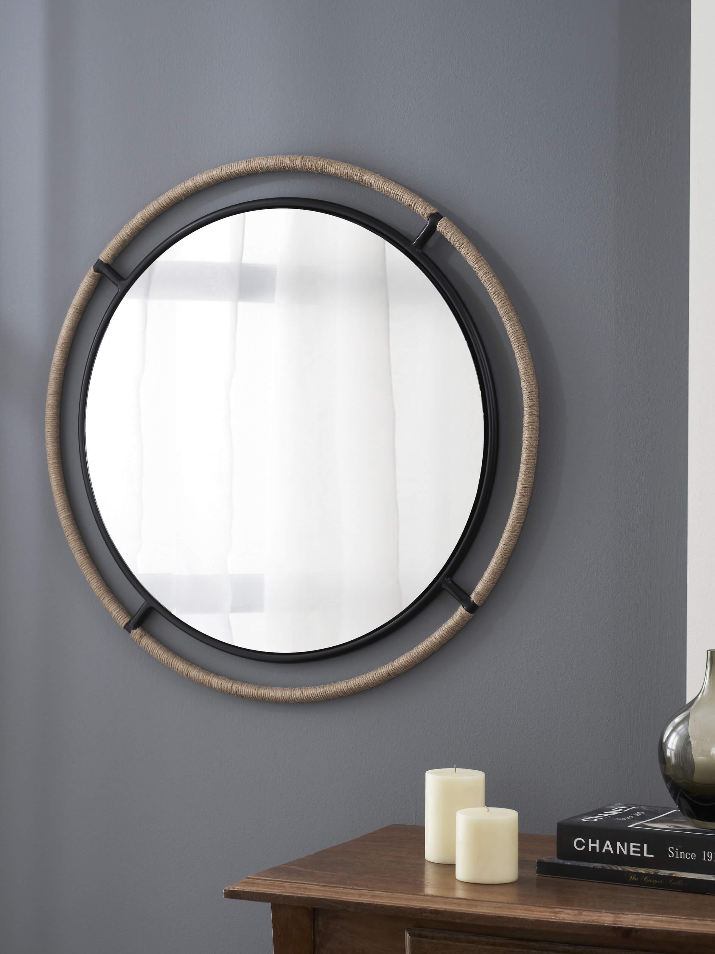 Side view of Jute & Metal Frame Wall Mirror, highlighting the texture of jute and metal design in a modern, chic frame.