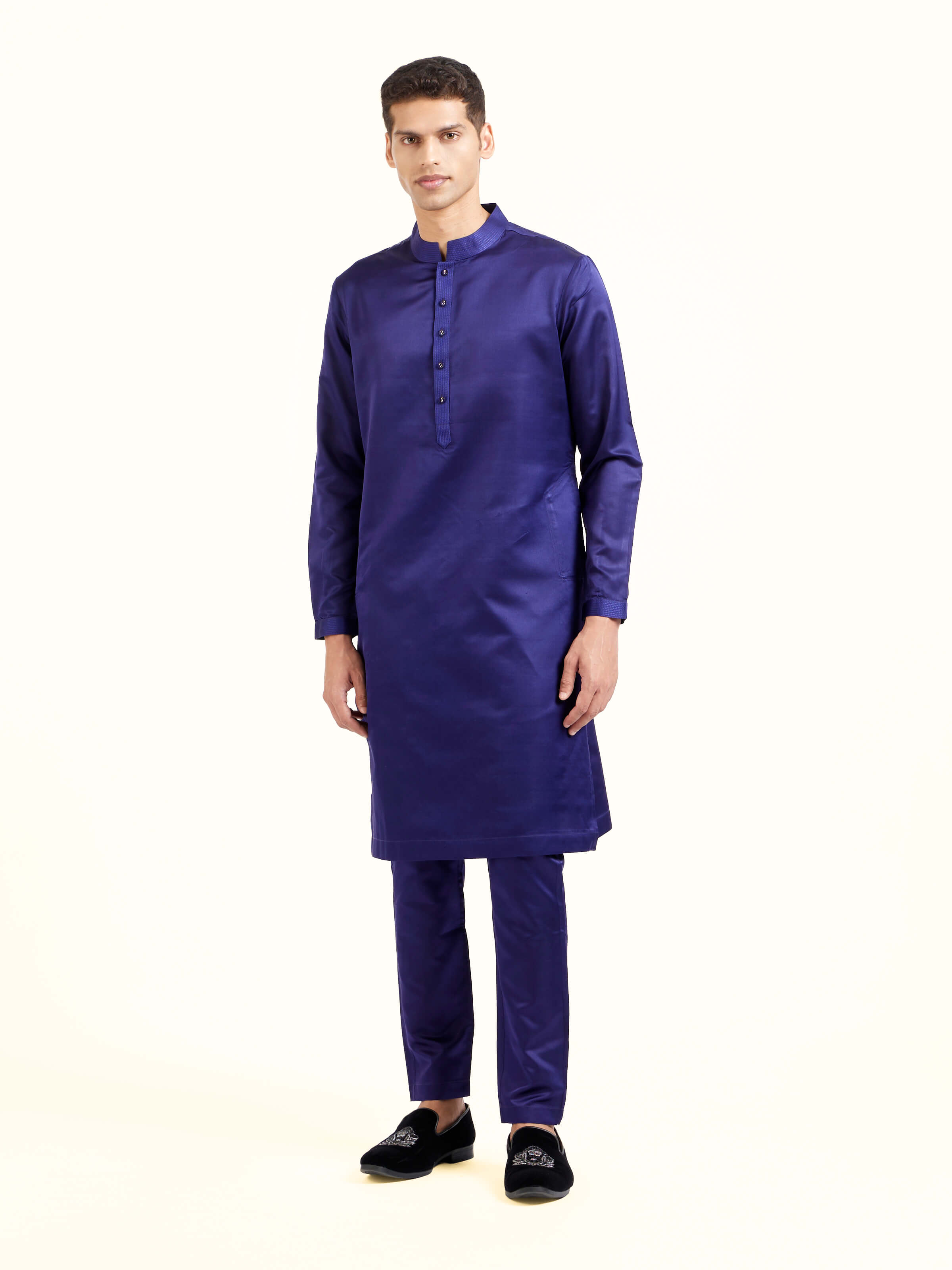 Navy Blue Katan Silk Banarasi Midi Kurta Pant Set