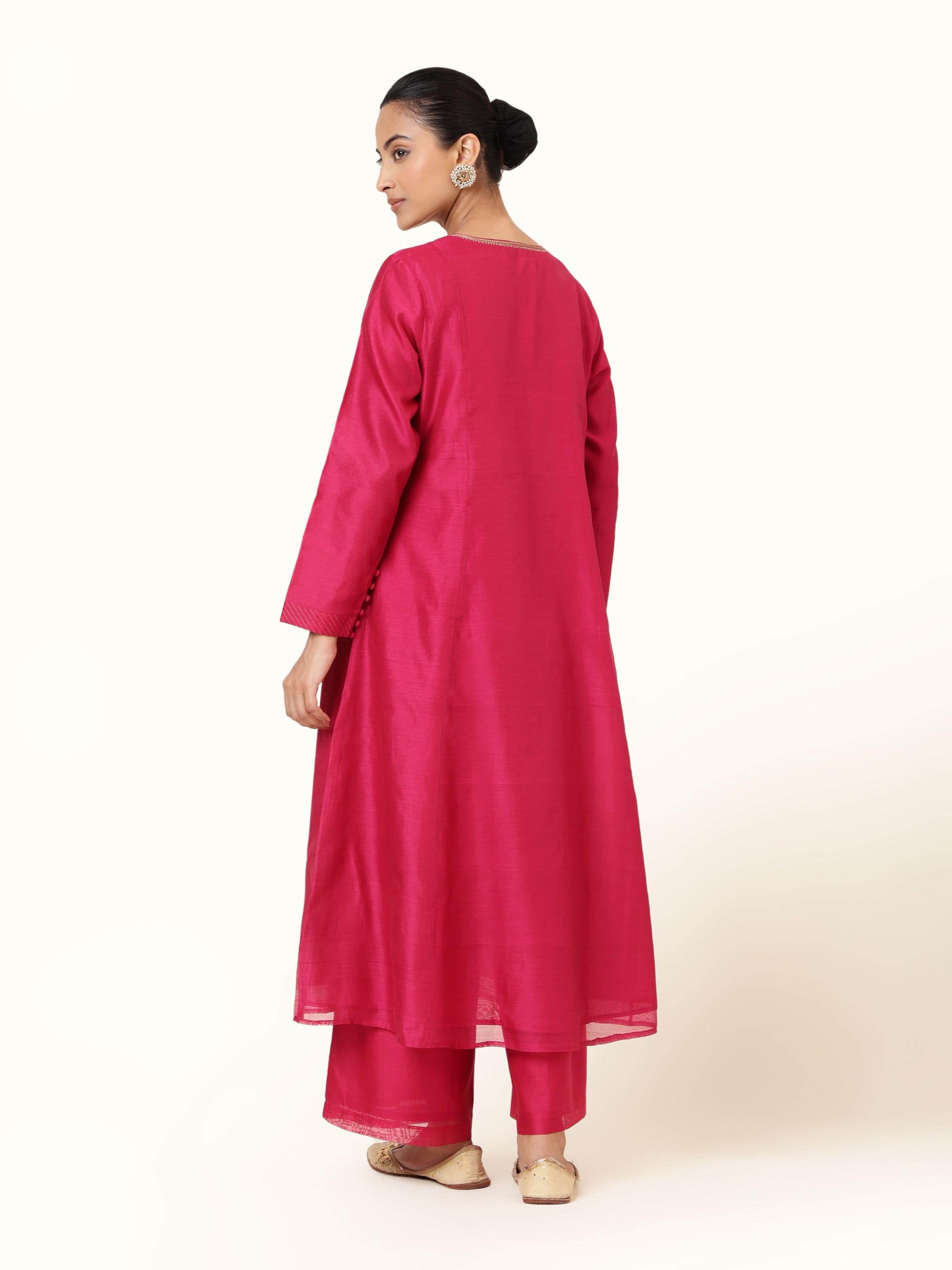 Back view of fuschia Chanderi palazzo with soft pleats and natural drape
