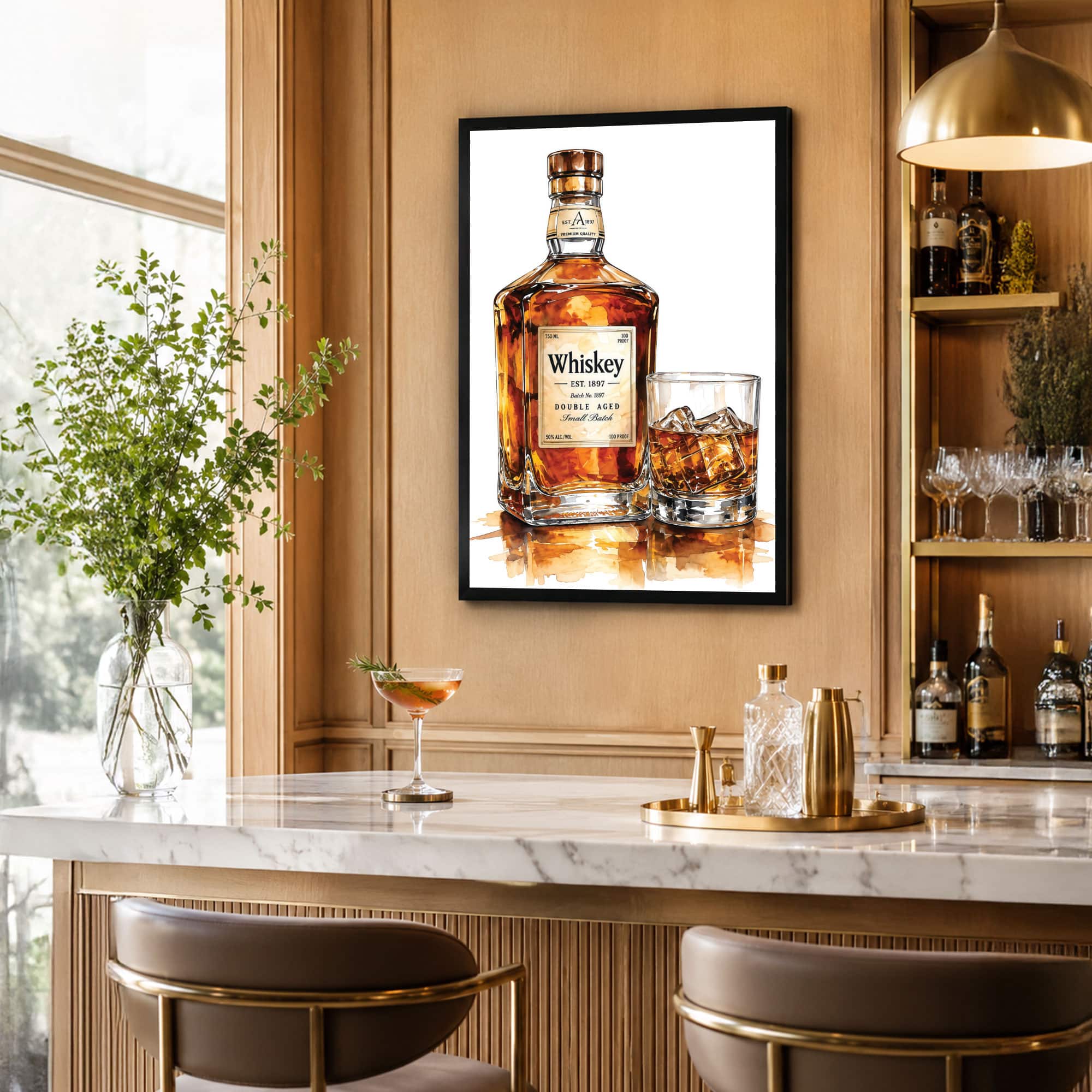 The Castle Decor Whiskey Bottle Glass Wall Art Framed Painting 20x30 Inch - The Castle Decor