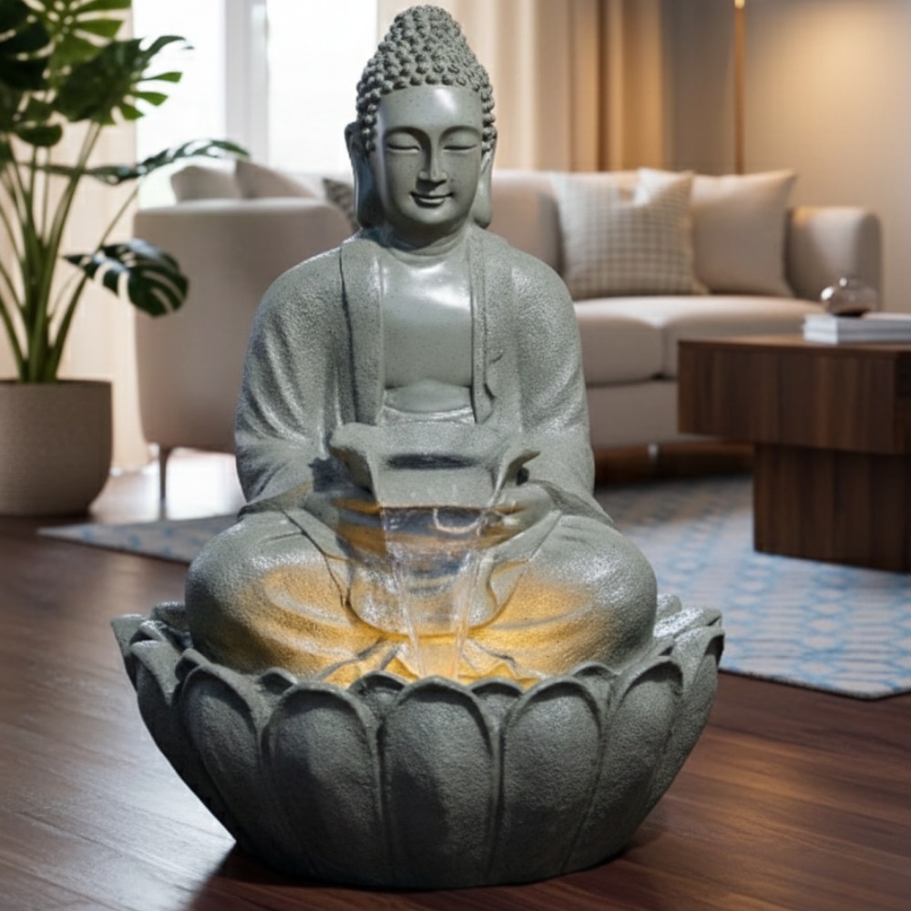 Lotus Buddha Grey Fiber Glass  Indoor Water Fountain