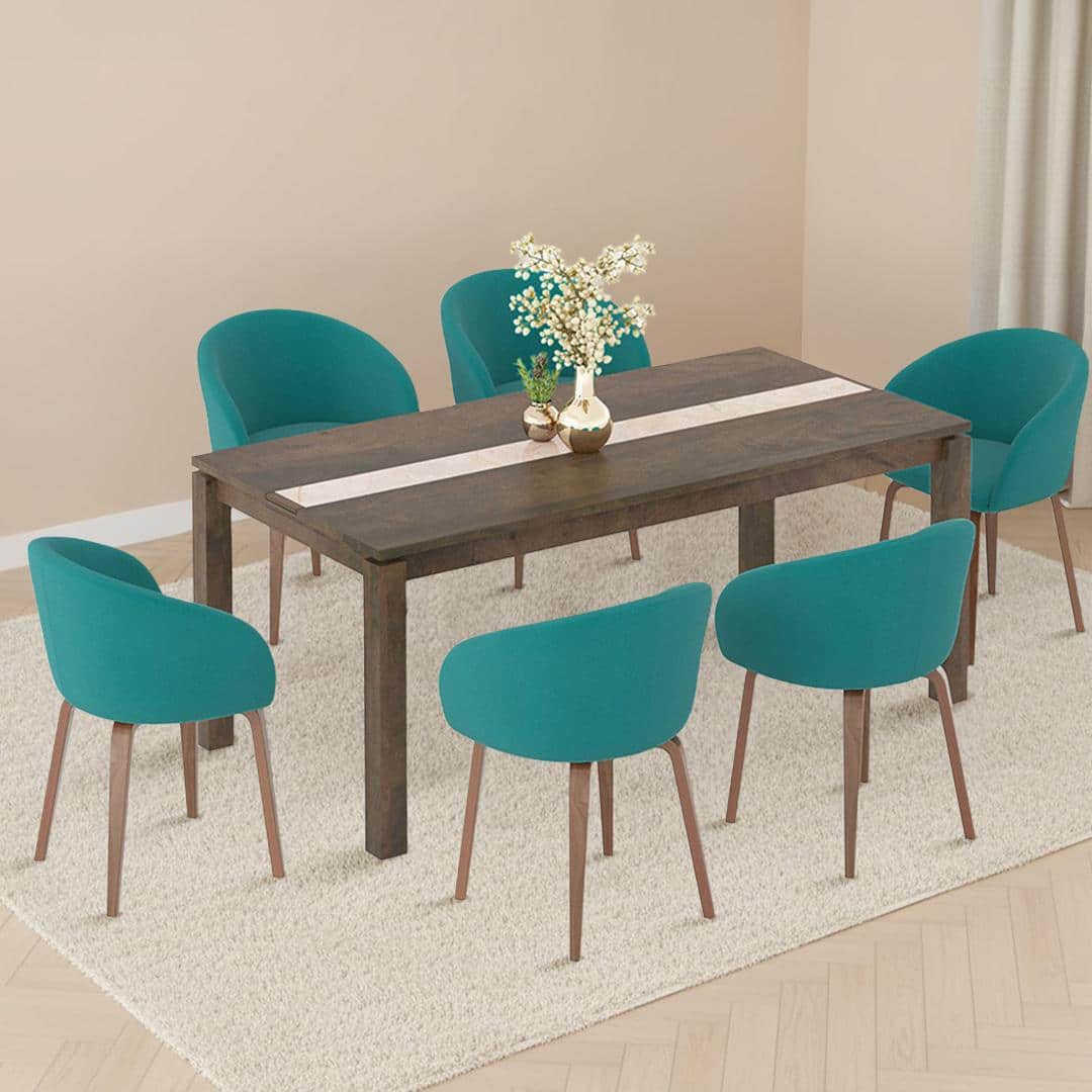 Atlas Crest Solid Wood 6 Seater Dining Table with 6 Meryl Lounge Chair