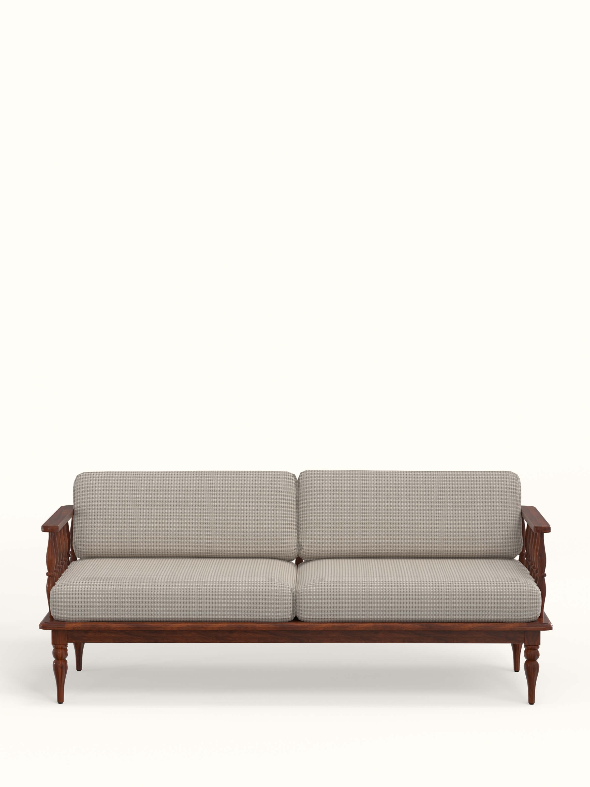 Front view of grey woven fabric upholstered Sheesham wood 3-seater sofa, showcasing its sleek and modern design.