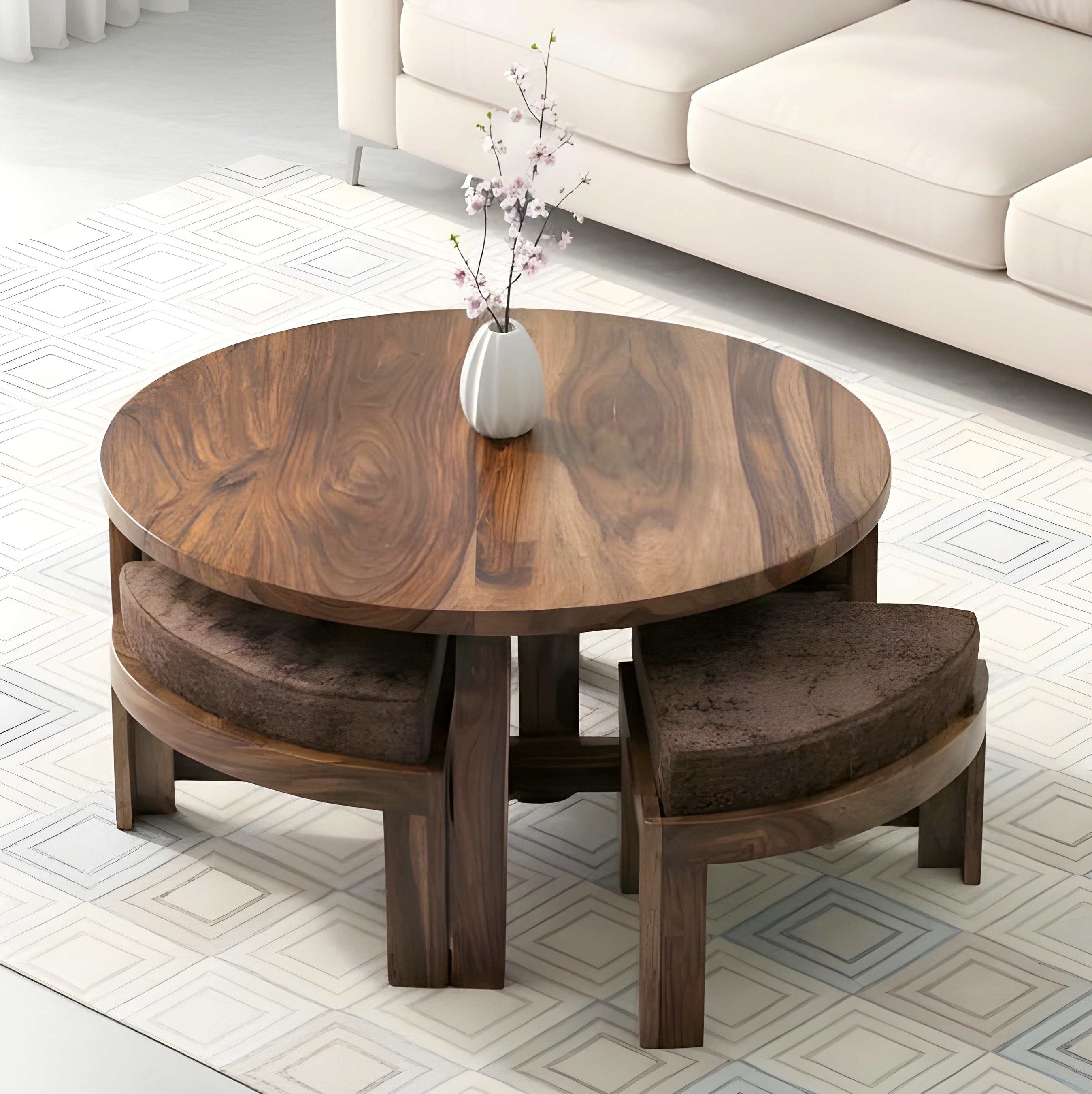 Nashville Sheesham Wood 4 Seater Coffee Table Set In Teak Finish Brown Sparkle Velvet Cushion