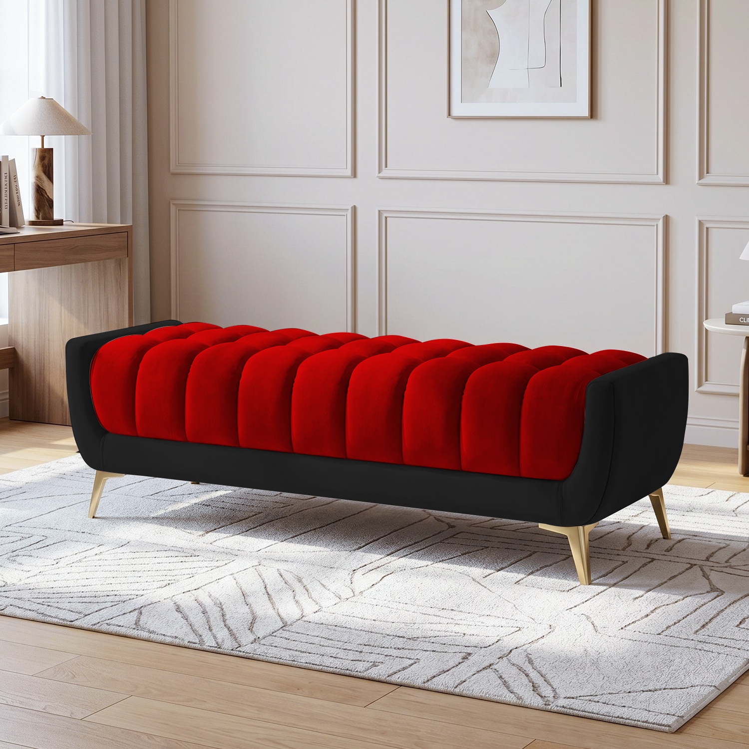 Hoslo Velvet 2 Seater Ottoman Bench in Black & Red  Color - Home Lifestylez