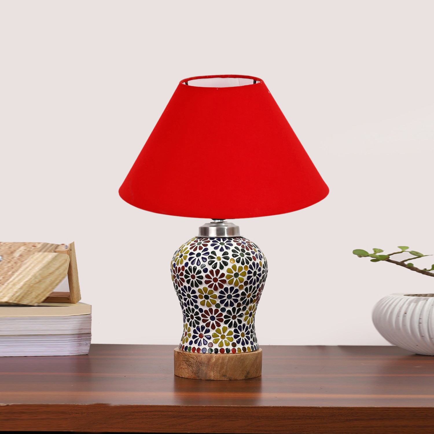 Devansh Conical Red Cotton Shade Lamp With Wood & Mosaic Glass Base For Decoration/Office/Home/Gifting/Study For Decoration/Office/Home/Gifting/Study -(10X10X14.5) Inches -A - Devansh
