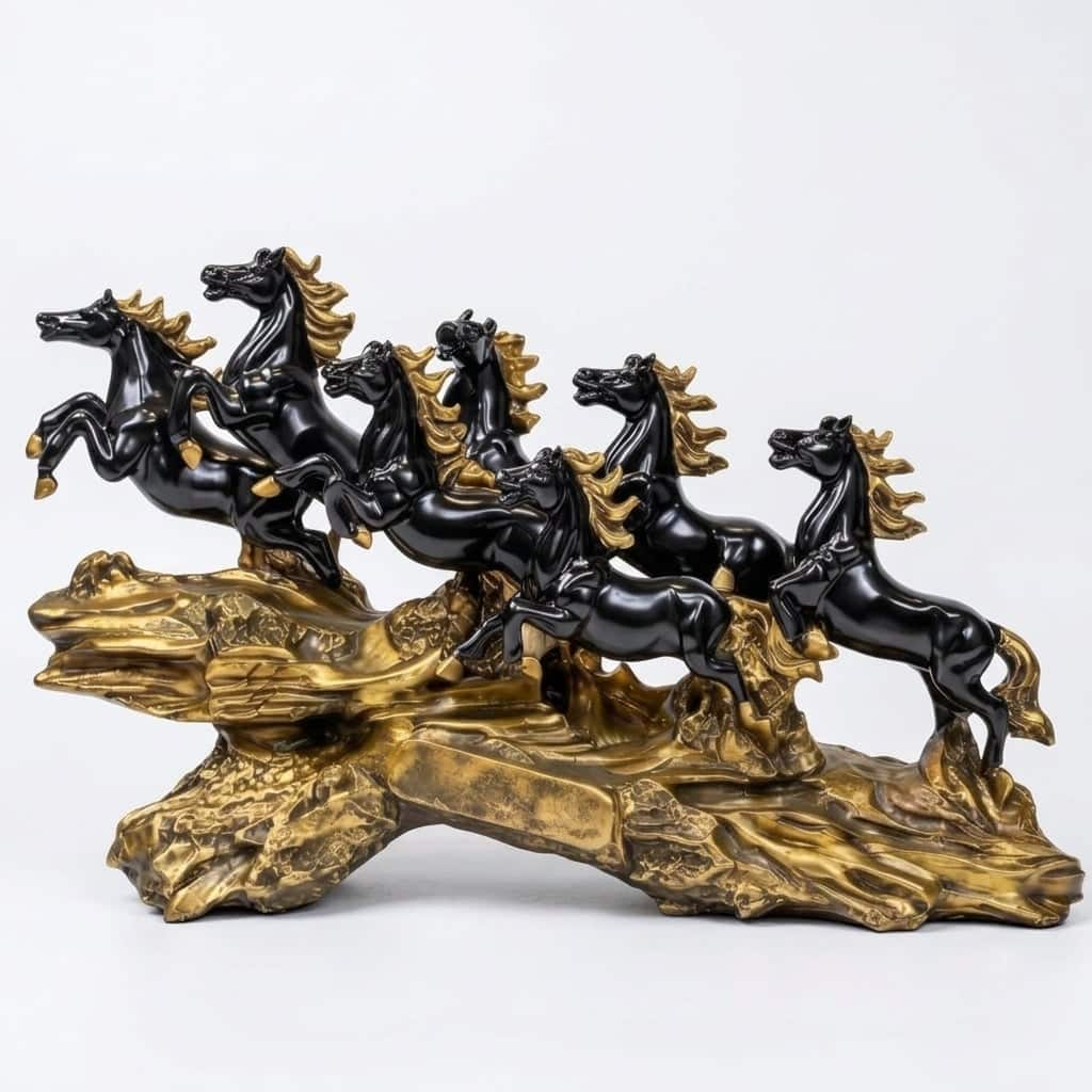 Seven Horse Royal Gallop Horse Sculpture in Gloss Black Colour - Vedas