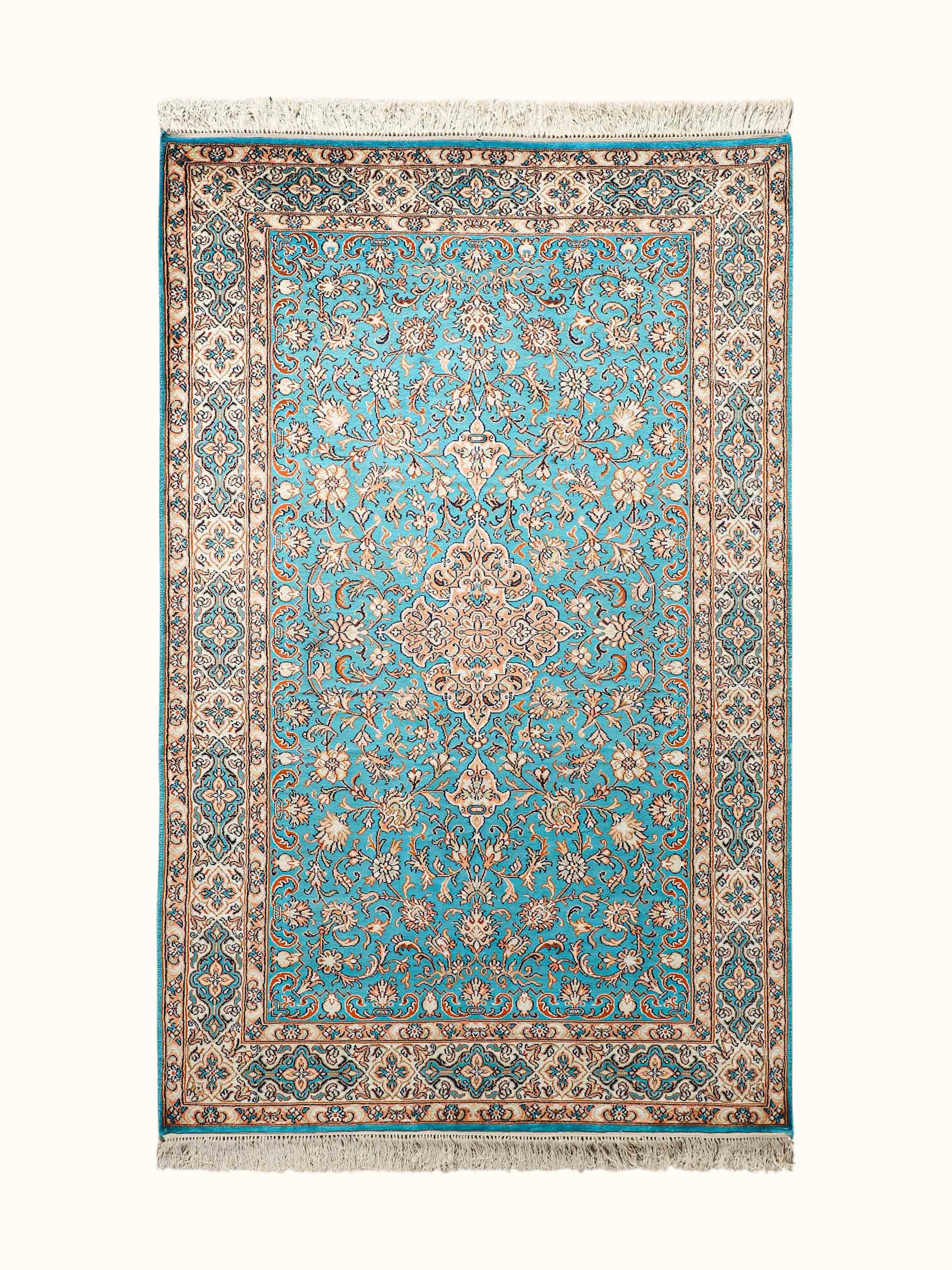 Traditional Persian Turquoise Medallion Kashmir Silk Hand-Knotted Carpet