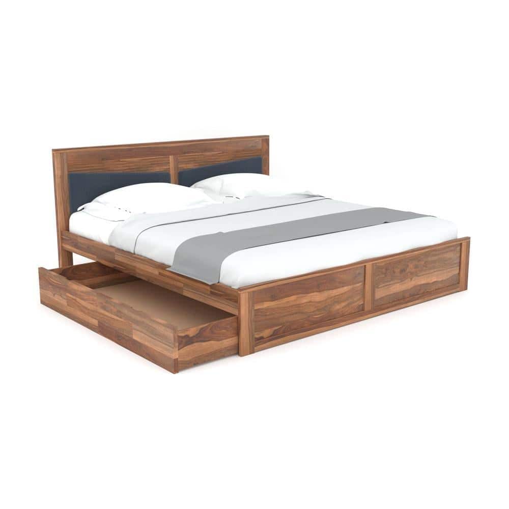 Nikos Sheesham Wood Queen Size Bed With Drawer Storage In Teak Finish