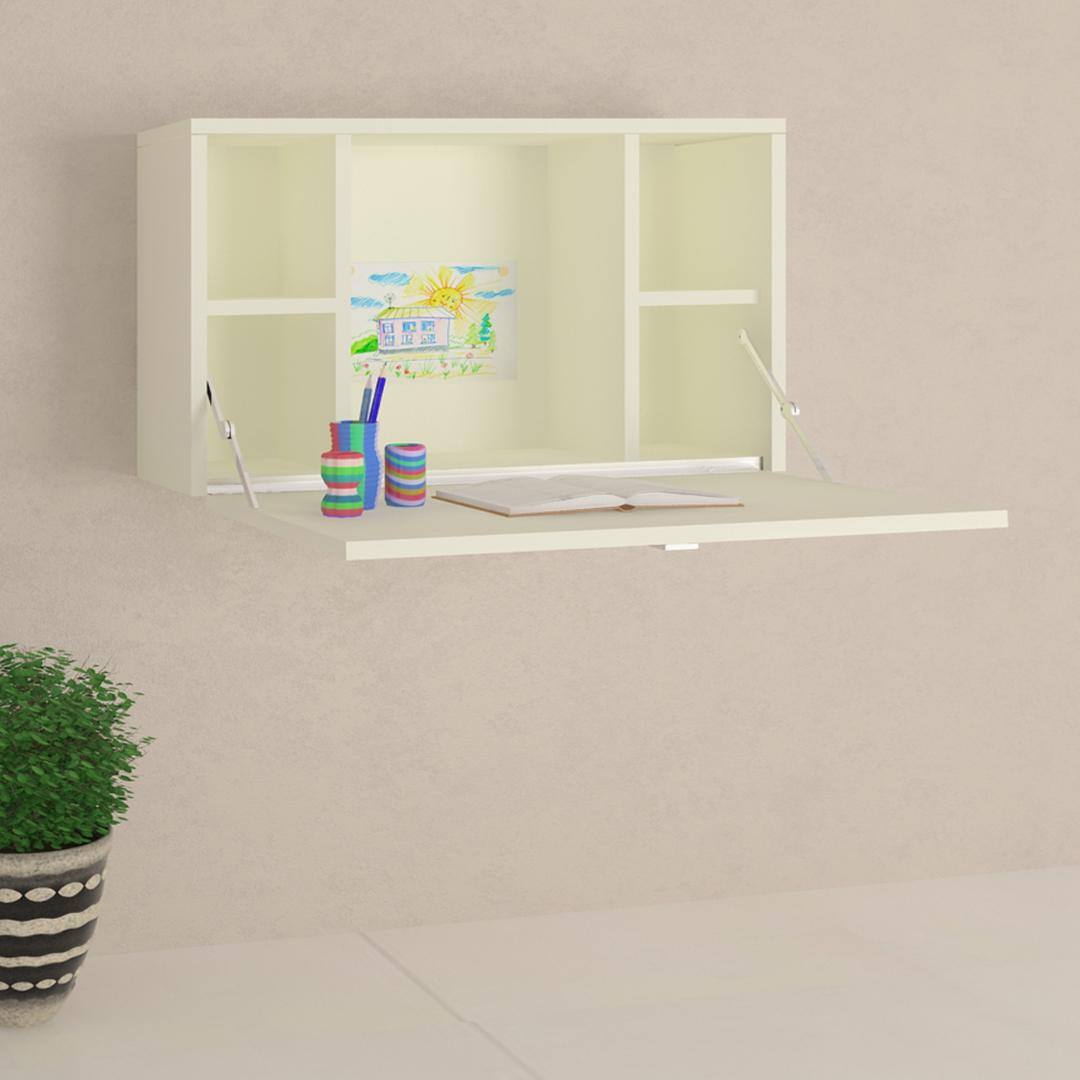 Valeria Wall Mounted Folding Study Desk cum Bookshelf in Ivory Colour