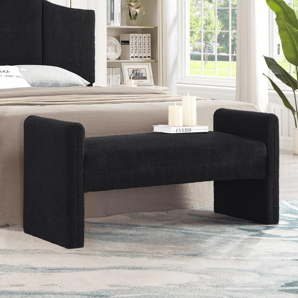 Wooden Twist Soft Hropzy Boucle Upholstered Armrest Ottoman Bench in Black Colour - Wooden Twist