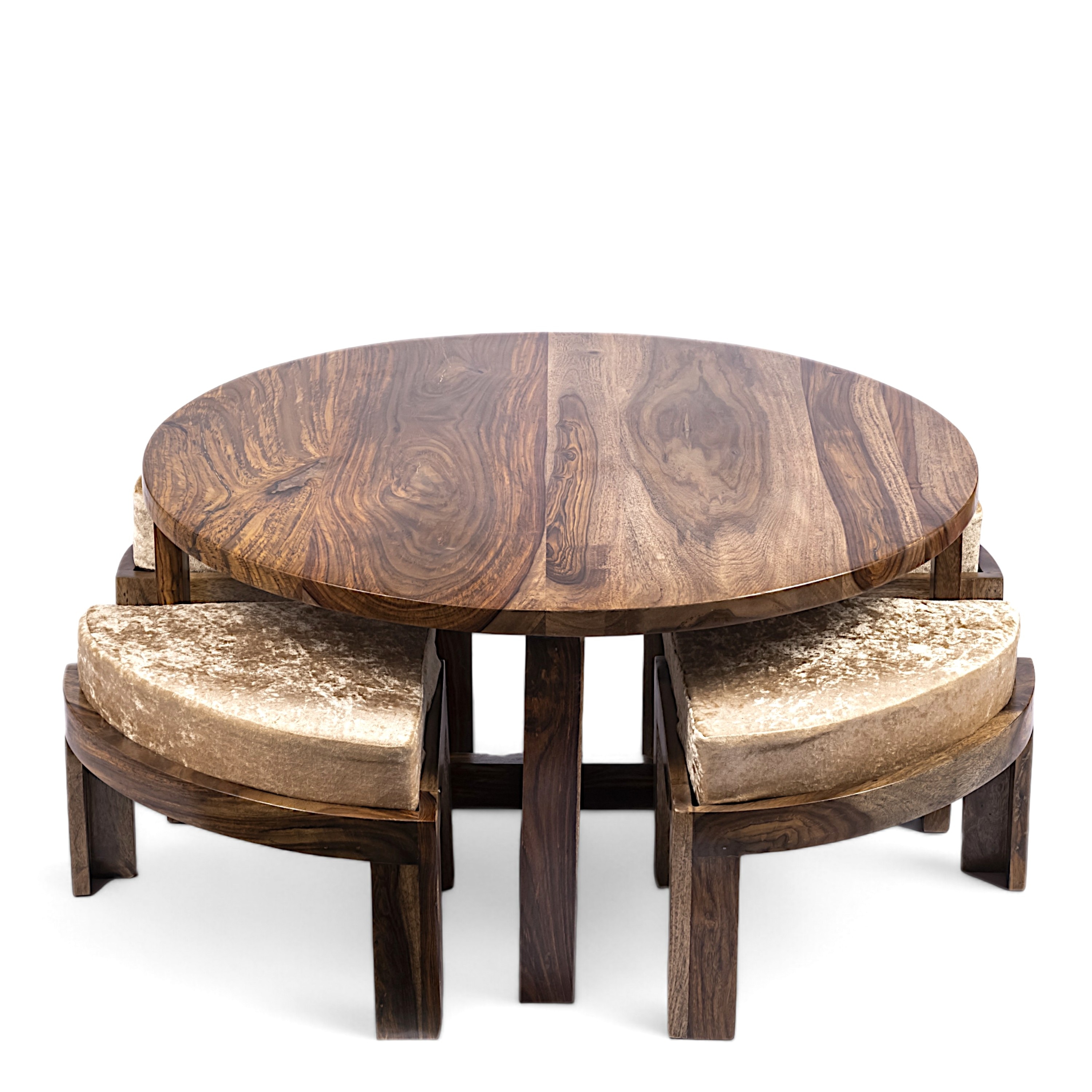 Nashville Sheesham Wood 4 Seater Coffee Table Set In Teak Finish Ivory Sparkle Velvet Cushion