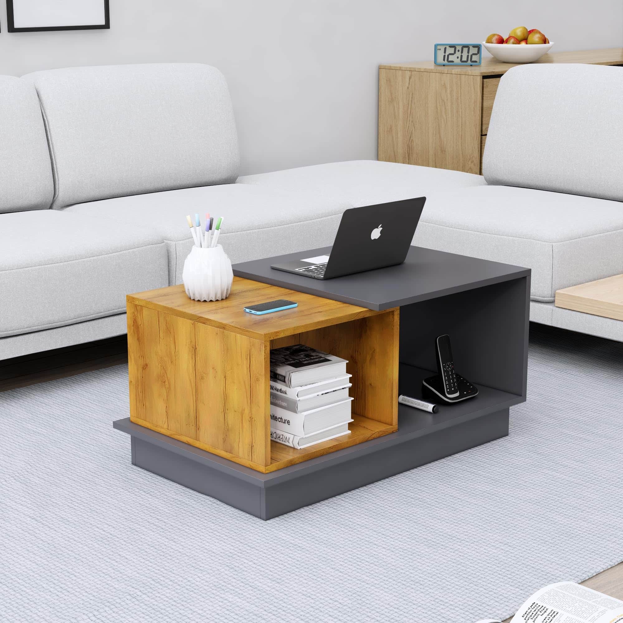 Hexa Engineered Wood Coffee Table With Storage And Open Rack In Slate Grey And Giant Wood - HexaRed