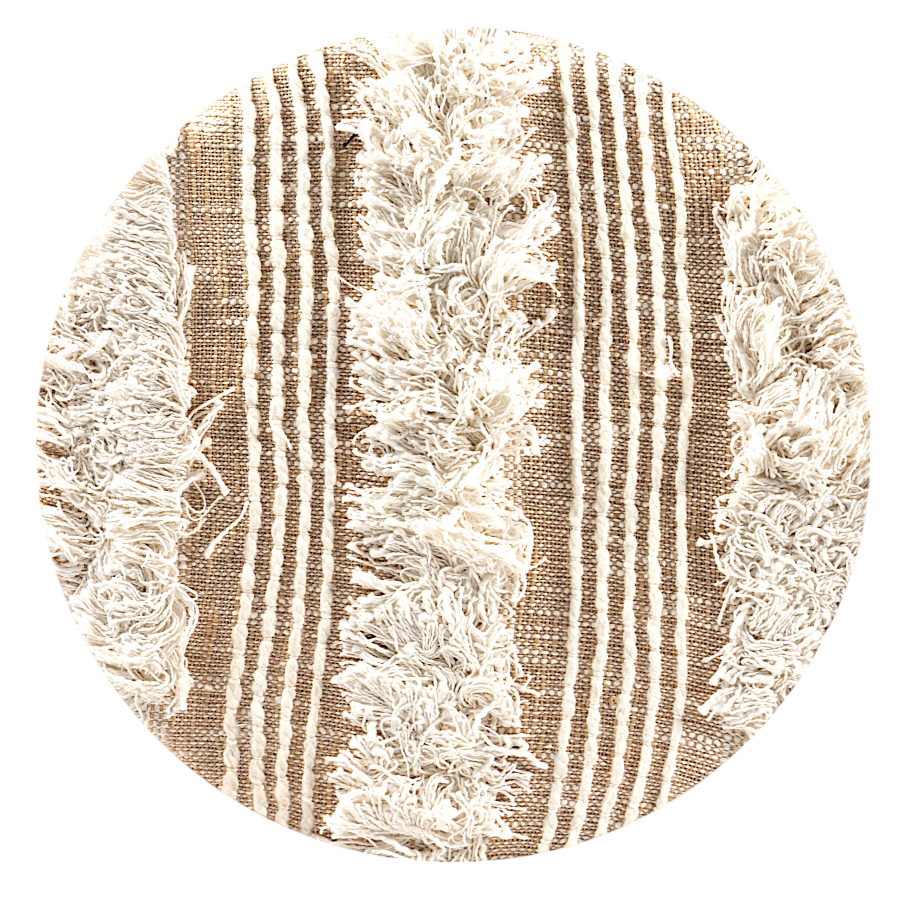 Louisville Acacia Wood Mid Century Round Pouf Stool in Beige Fabric