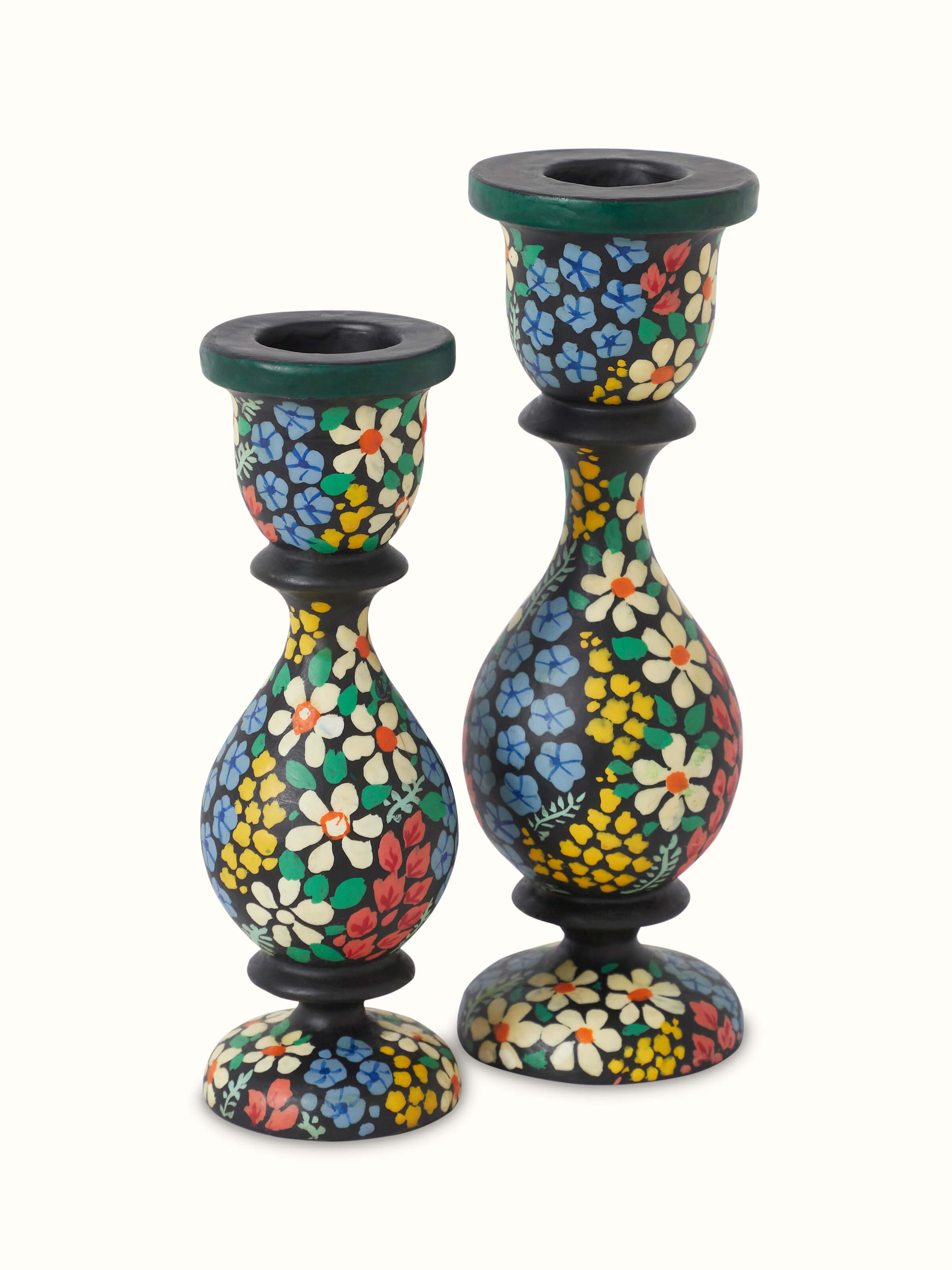 Front view of Papier-Mache Candle Bases in multicolor (2 pcs) showing the vibrant colors and design.