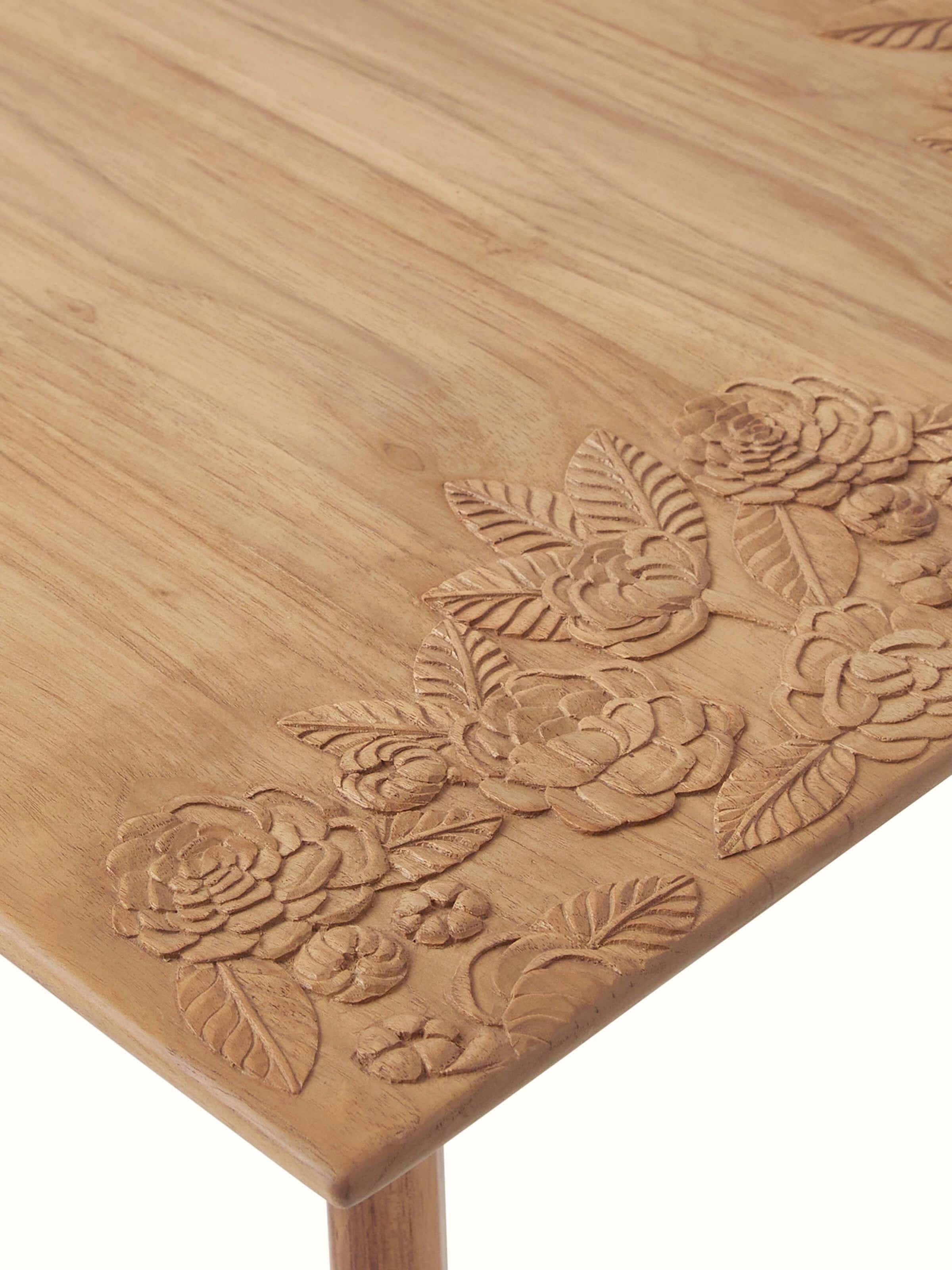 Angle view of Carved Teak Wood Square Side Table, showcasing the carving details and sturdy structure