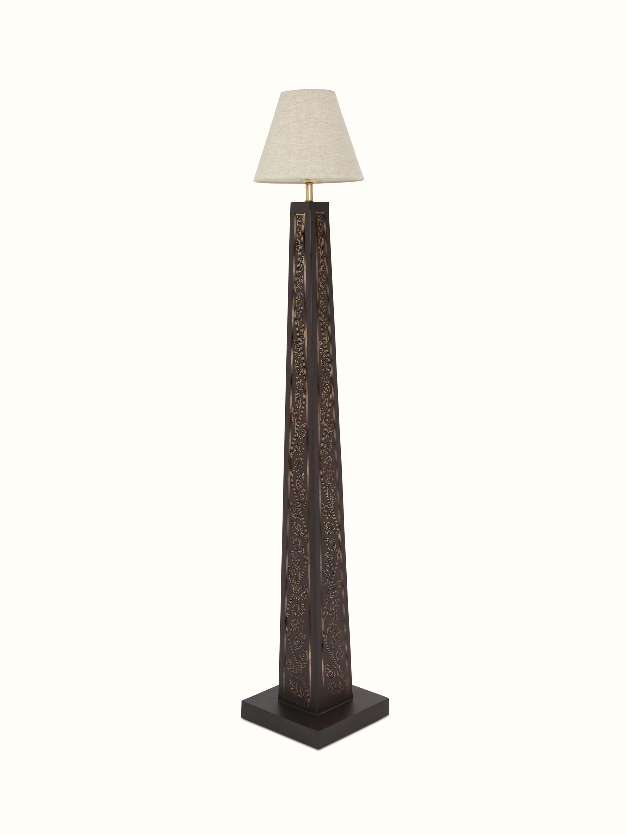 Artistic view of Tarkashi Sheesham Wood & Brass LED Floor Lamp, highlighting its stylish design and craftsmanship