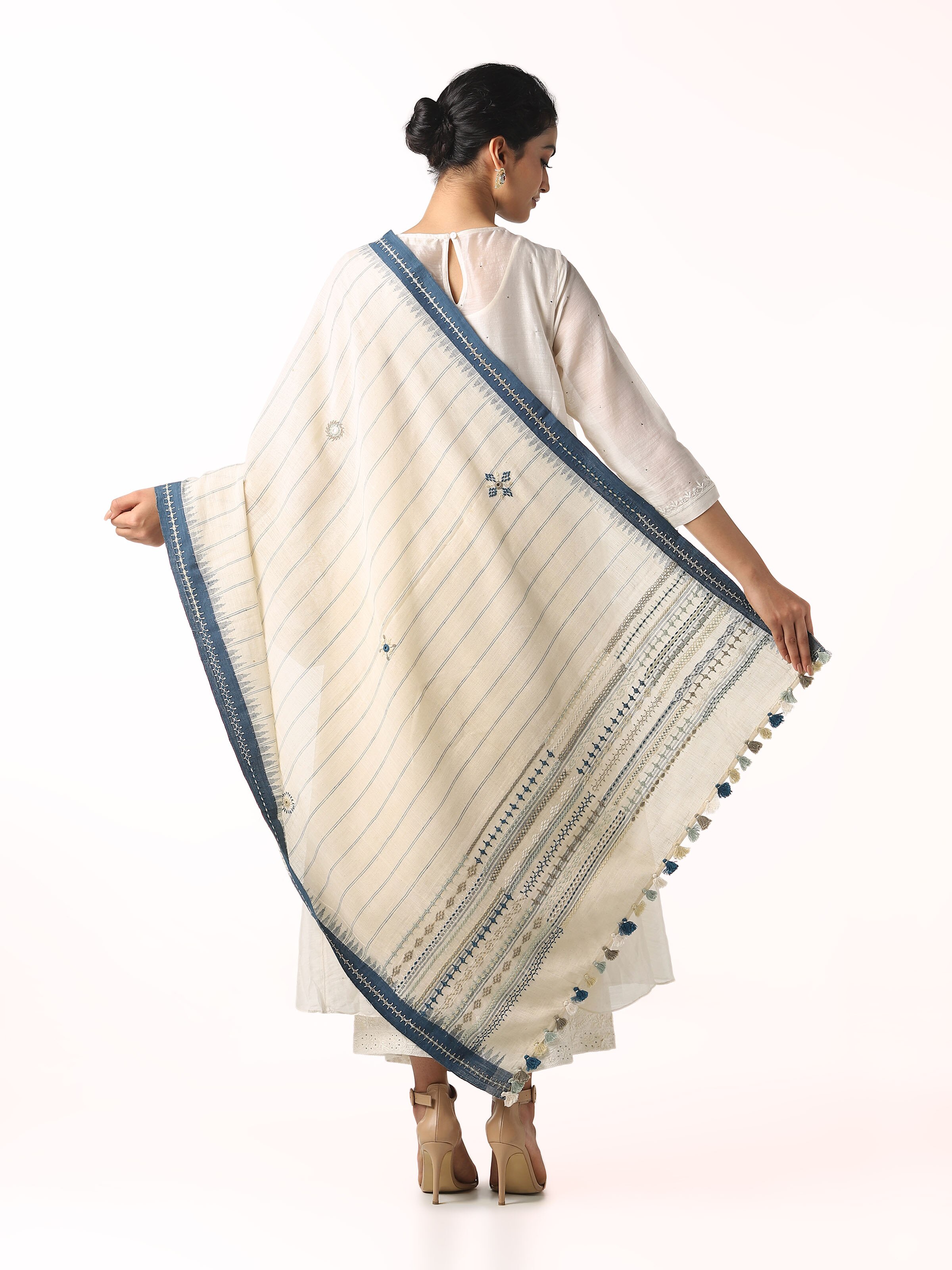 Back view of blue cotton Lambani embroidered dupatta displaying full design