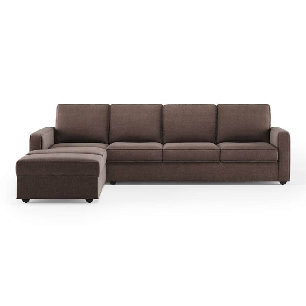 Apollo Fabric Sectional Sofa (Colour : Daschund Brown, Cushion : Hard, Back Type : Regular, Seating Capacity : Left Aligned 3 Seater + Left Aligned Chaise + Ottoman) - Urban Ladder