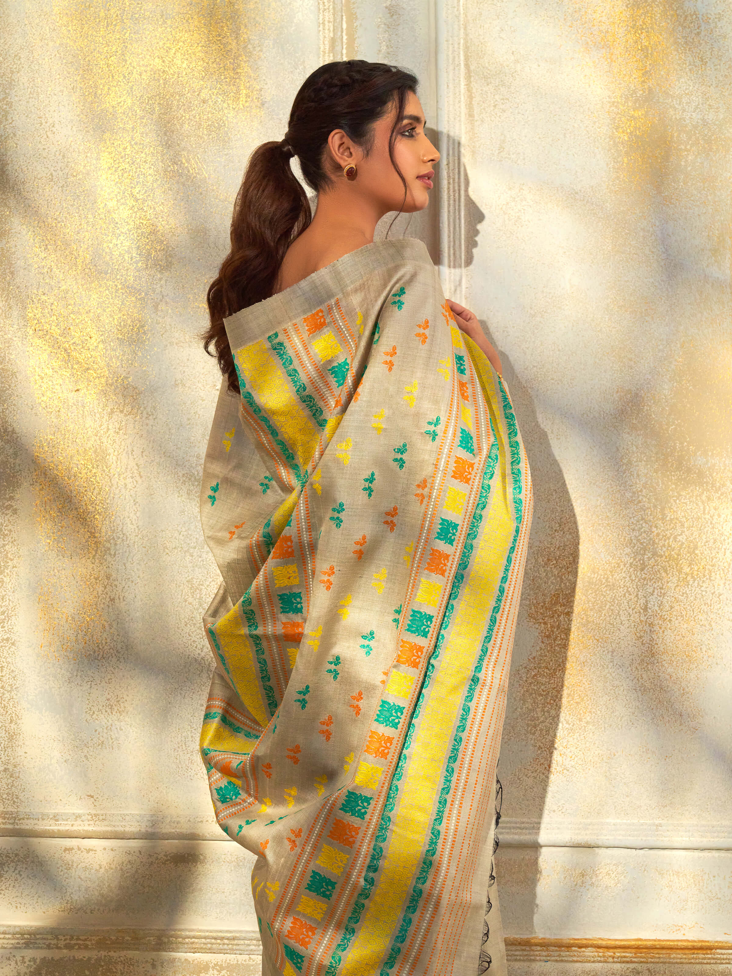 Light Grey Tussar Silk Odisha Ikat Saree